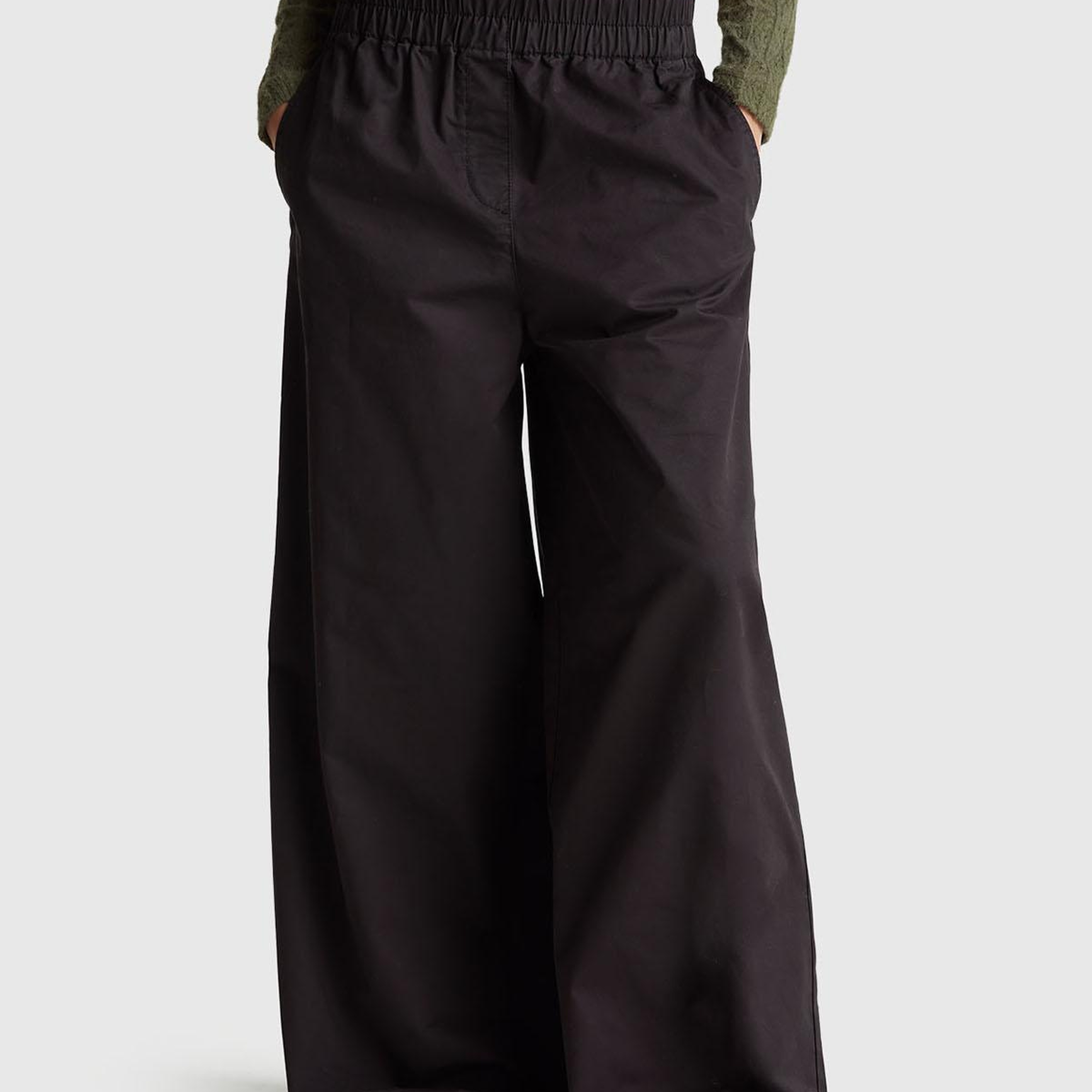 Kadın Siyah %100 Pamuk Beli Lastikli Geniş Paça Pantolon