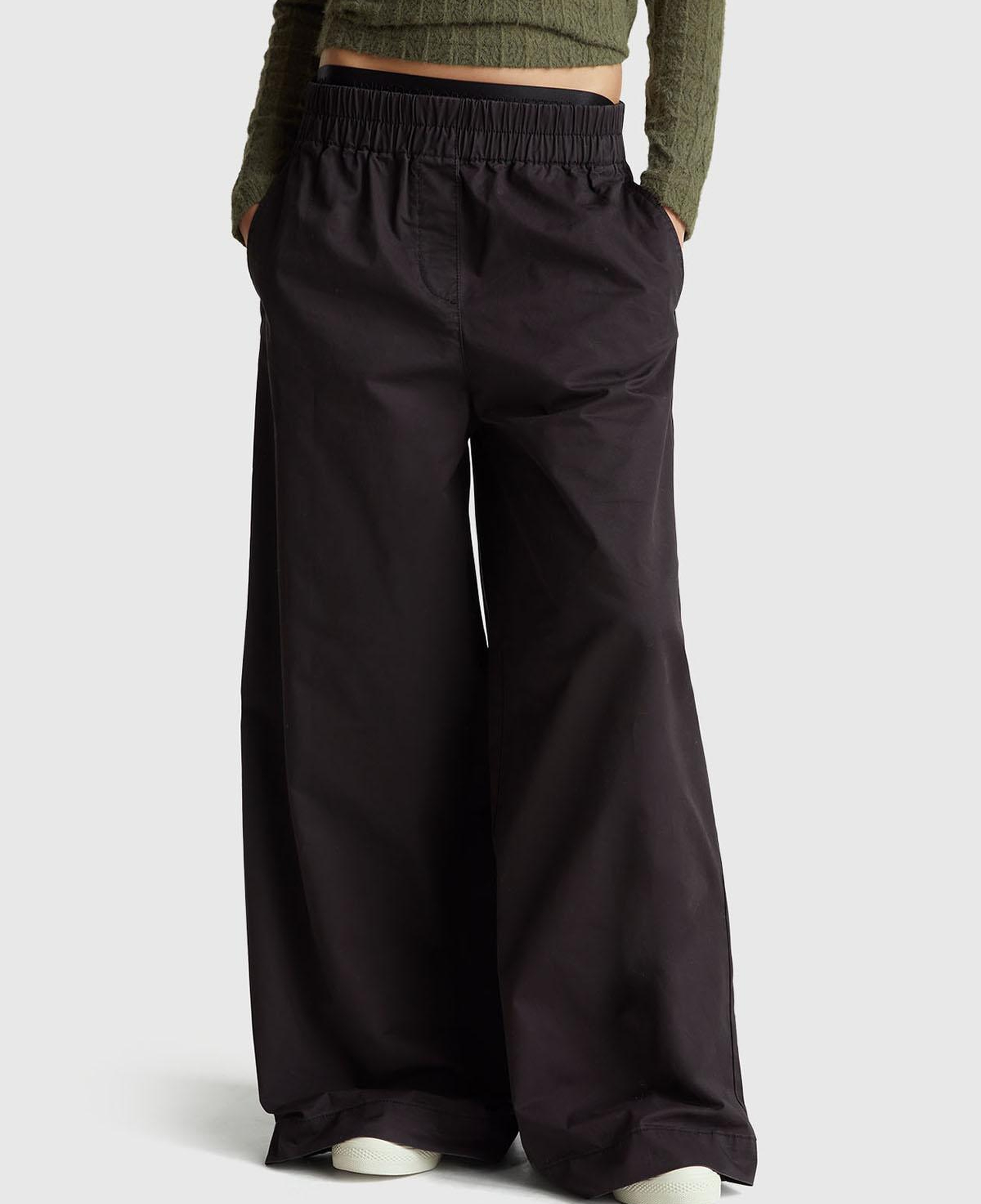 Kadın Siyah %100 Pamuk Beli Lastikli Geniş Paça Pantolon