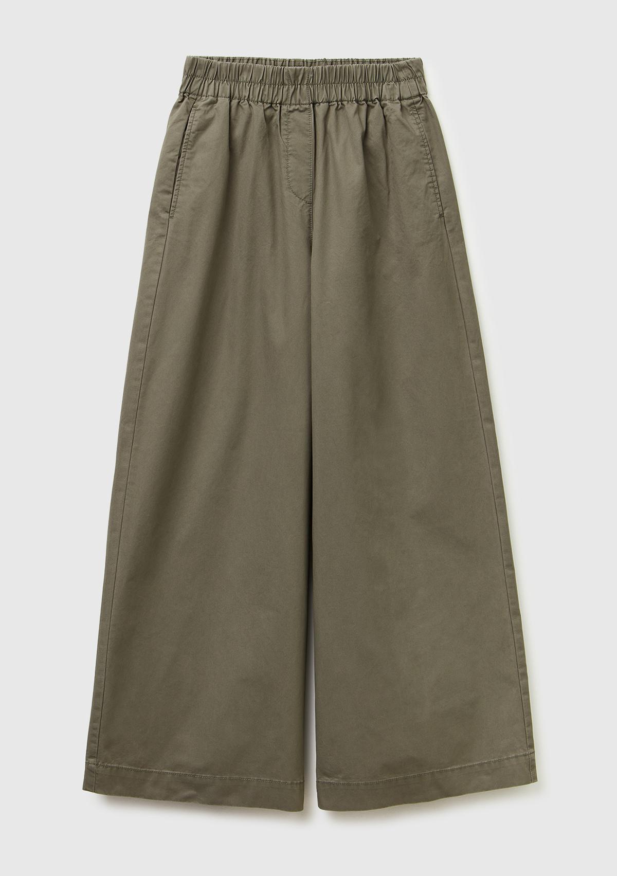 Kadın Haki %100 Pamuk Beli Lastikli Geniş Paça Pantolon