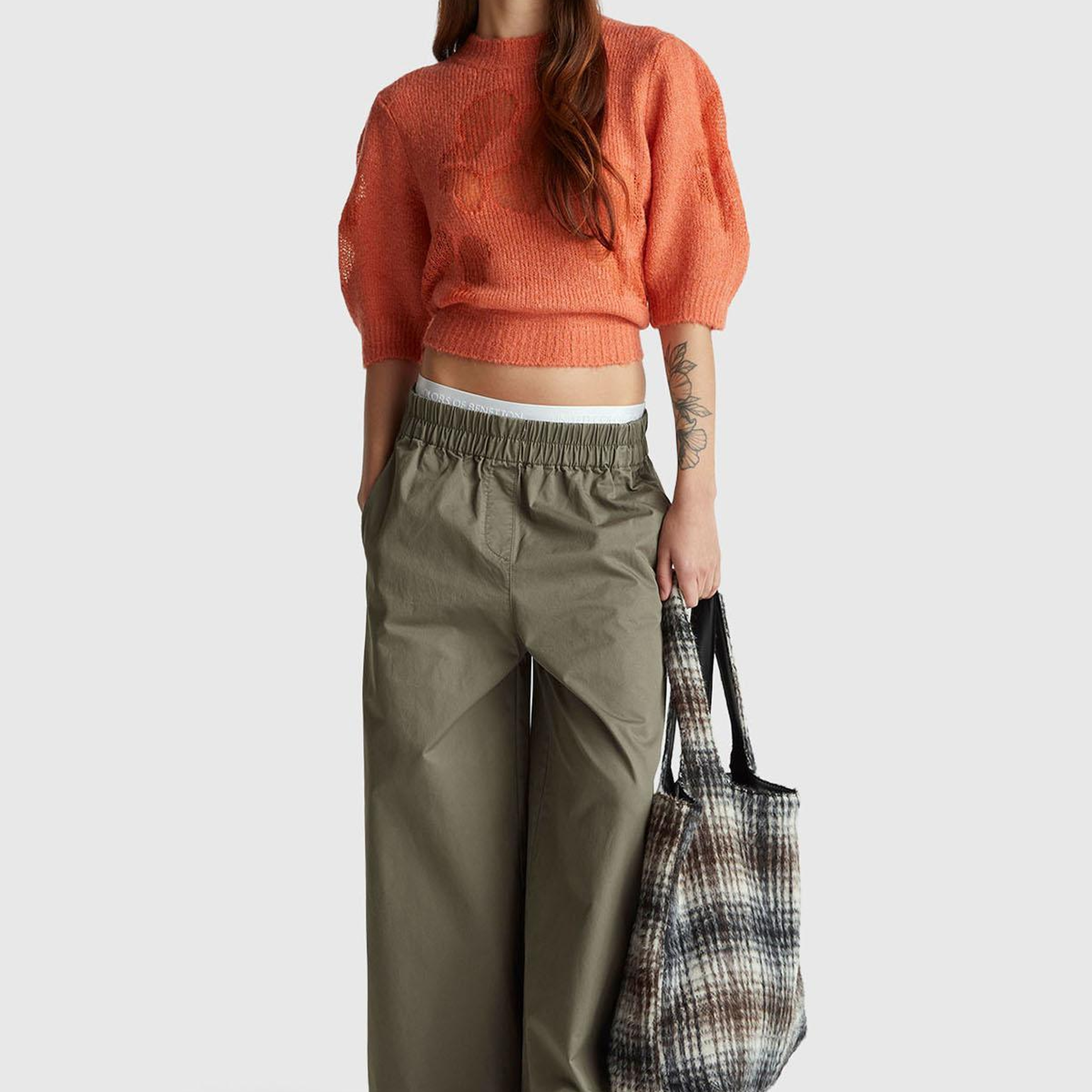 Kadın Haki %100 Pamuk Beli Lastikli Geniş Paça Pantolon