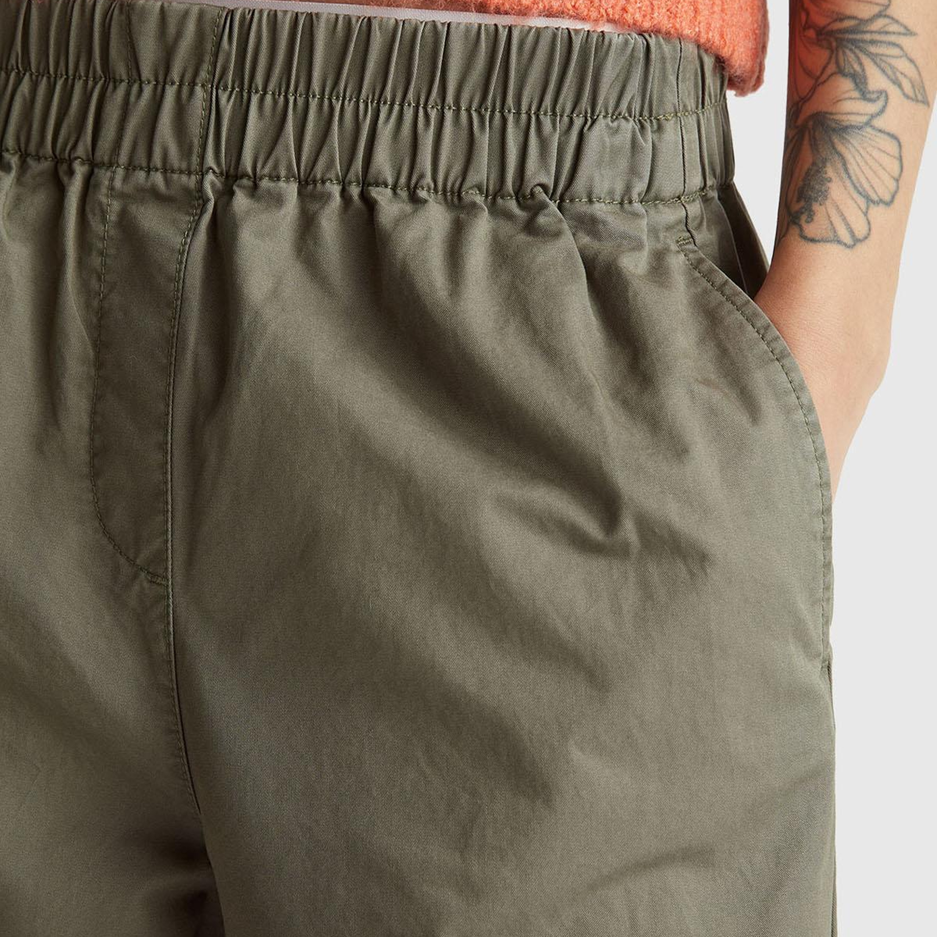 Kadın Haki %100 Pamuk Beli Lastikli Geniş Paça Pantolon