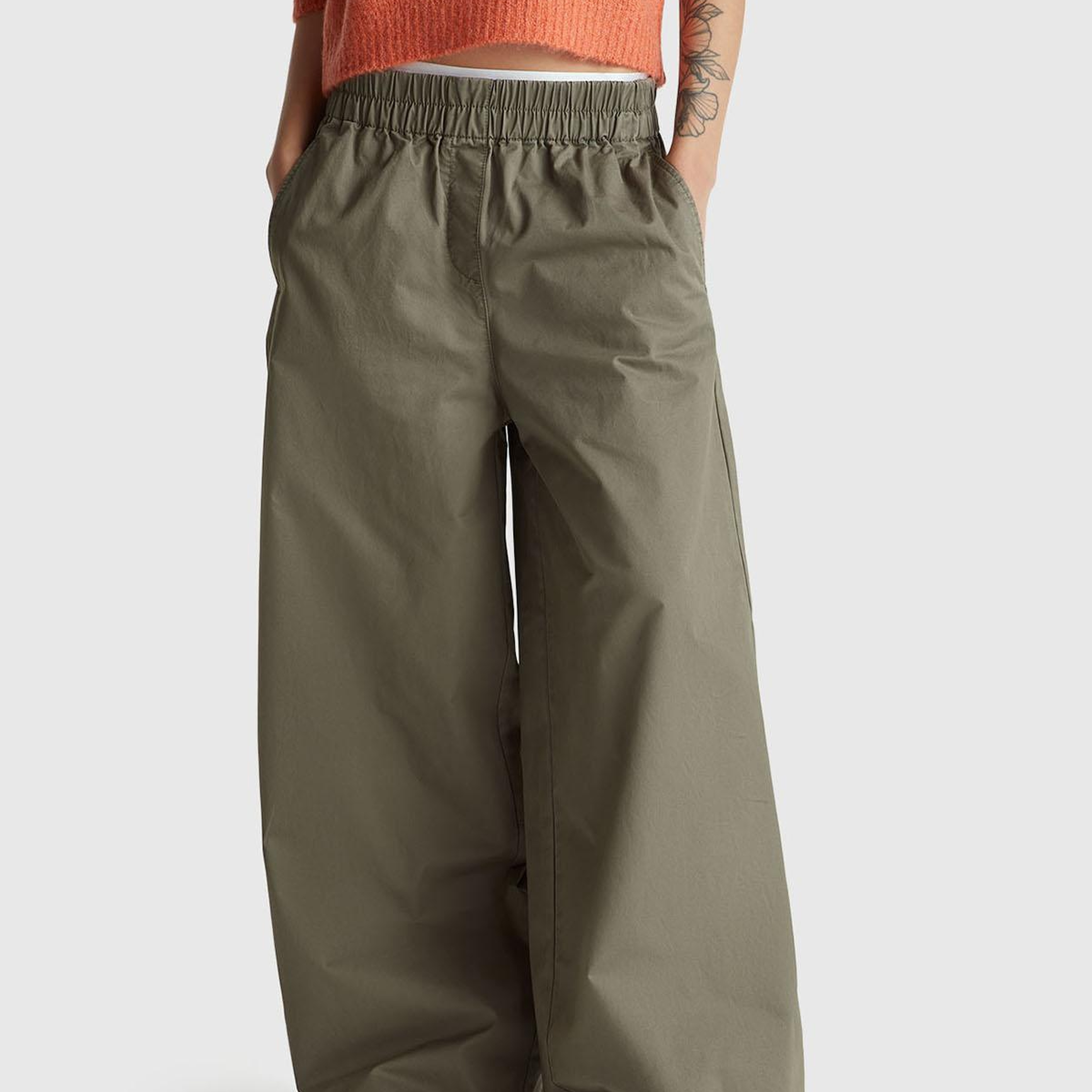 Kadın Haki %100 Pamuk Beli Lastikli Geniş Paça Pantolon