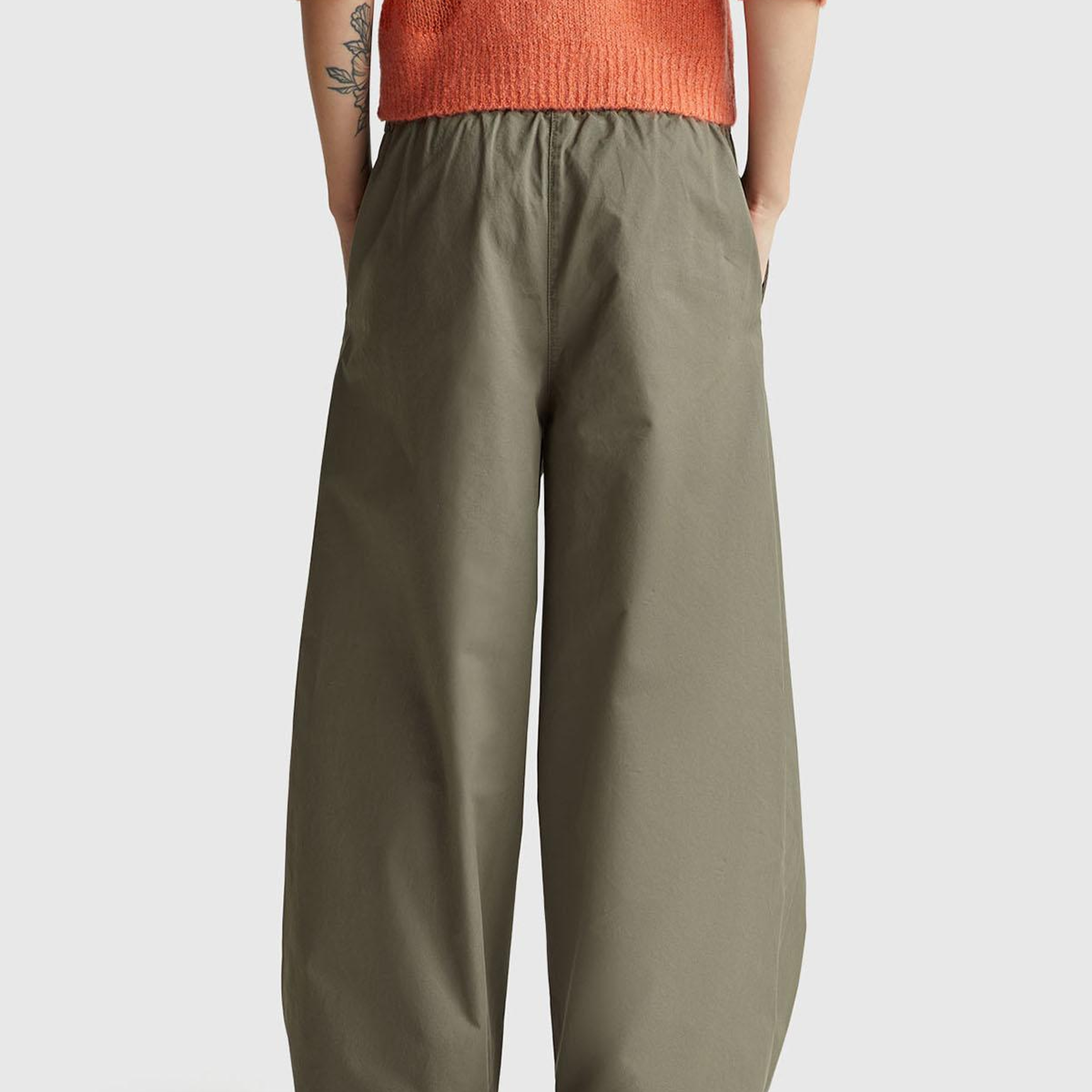 Kadın Haki %100 Pamuk Beli Lastikli Geniş Paça Pantolon