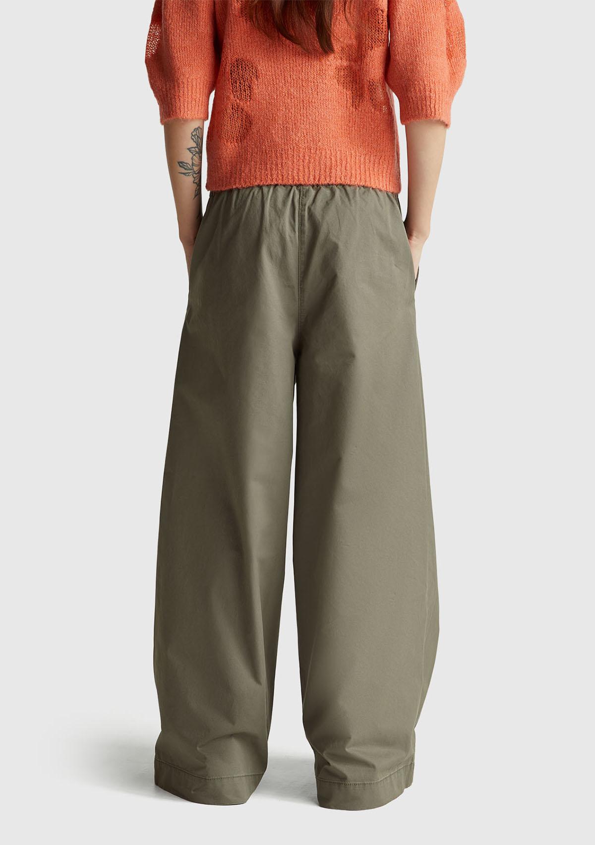 Kadın Haki %100 Pamuk Beli Lastikli Geniş Paça Pantolon
