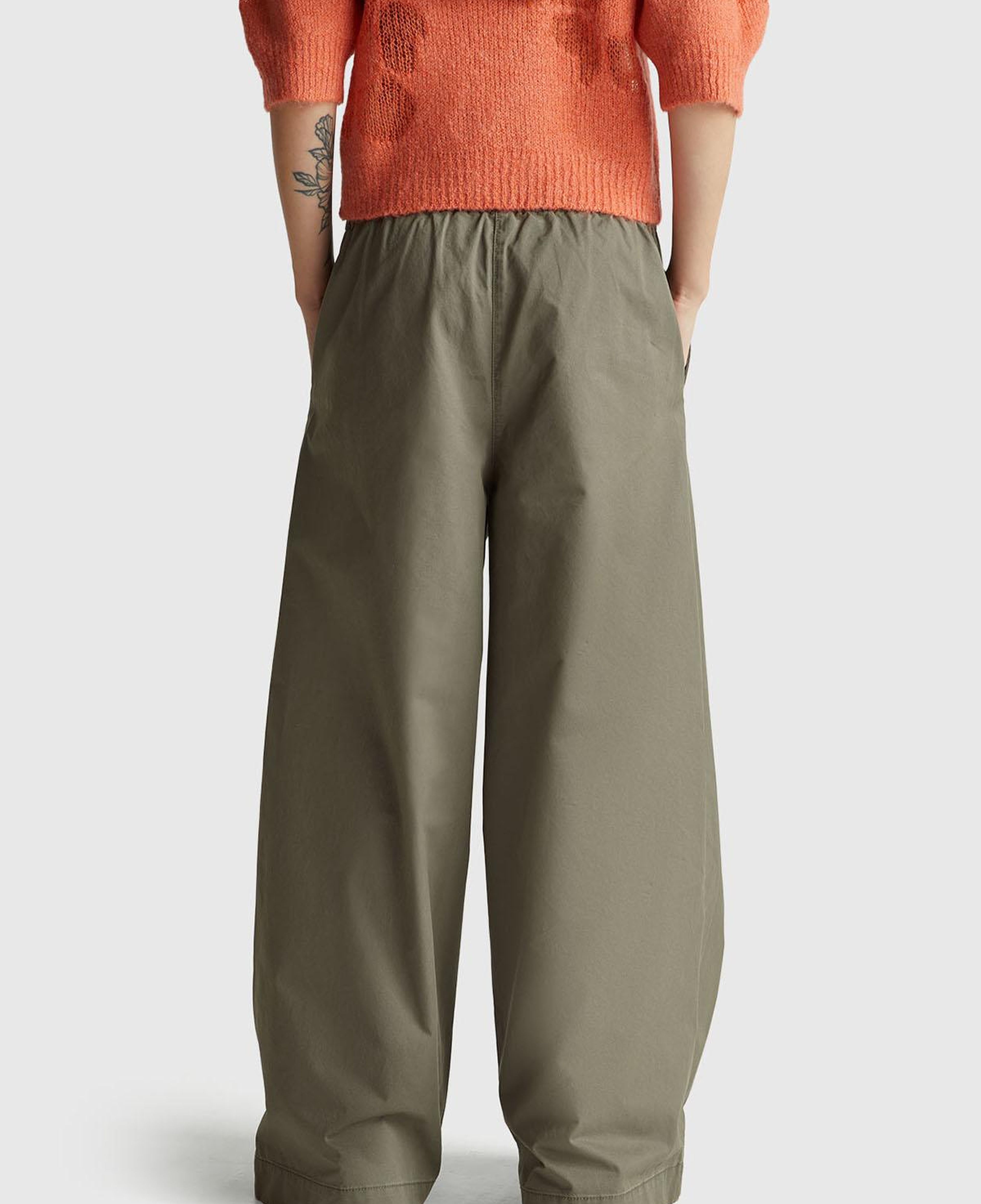 Kadın Haki %100 Pamuk Beli Lastikli Geniş Paça Pantolon