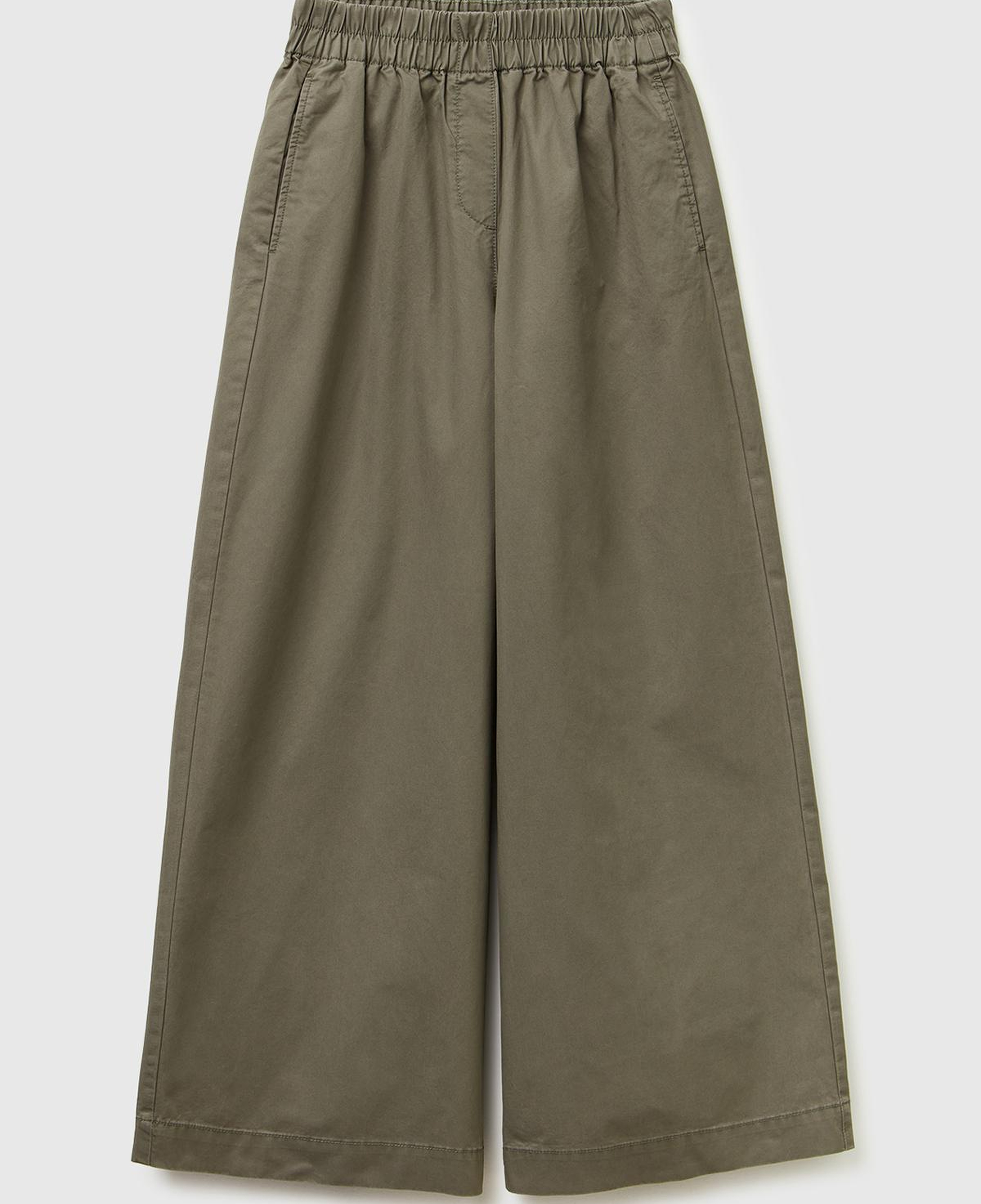 Kadın Haki %100 Pamuk Beli Lastikli Geniş Paça Pantolon