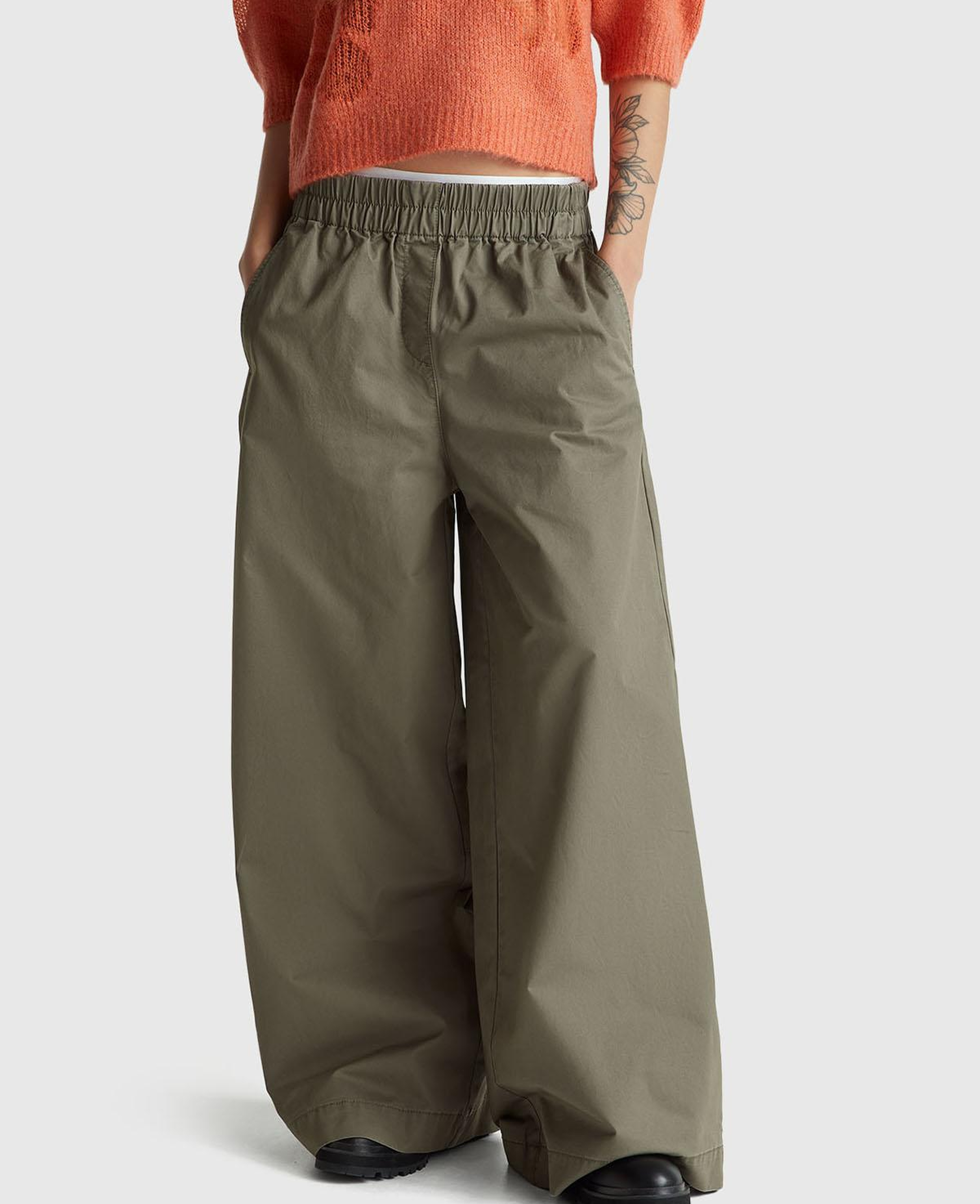 Kadın Haki %100 Pamuk Beli Lastikli Geniş Paça Pantolon