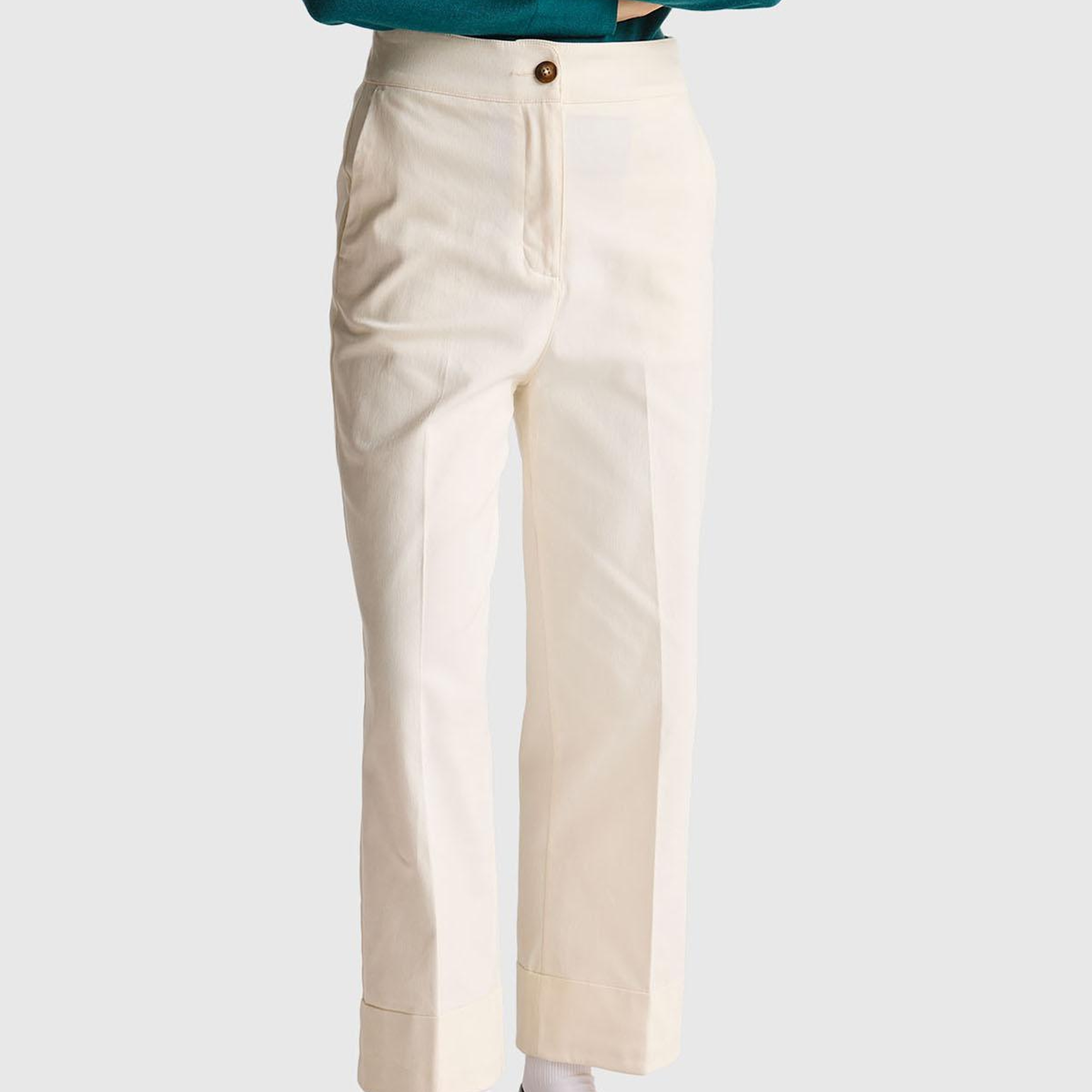 Kadın Krem Pamuk Karışımlı Düğmeli Paçası Katlamalı Pantolon