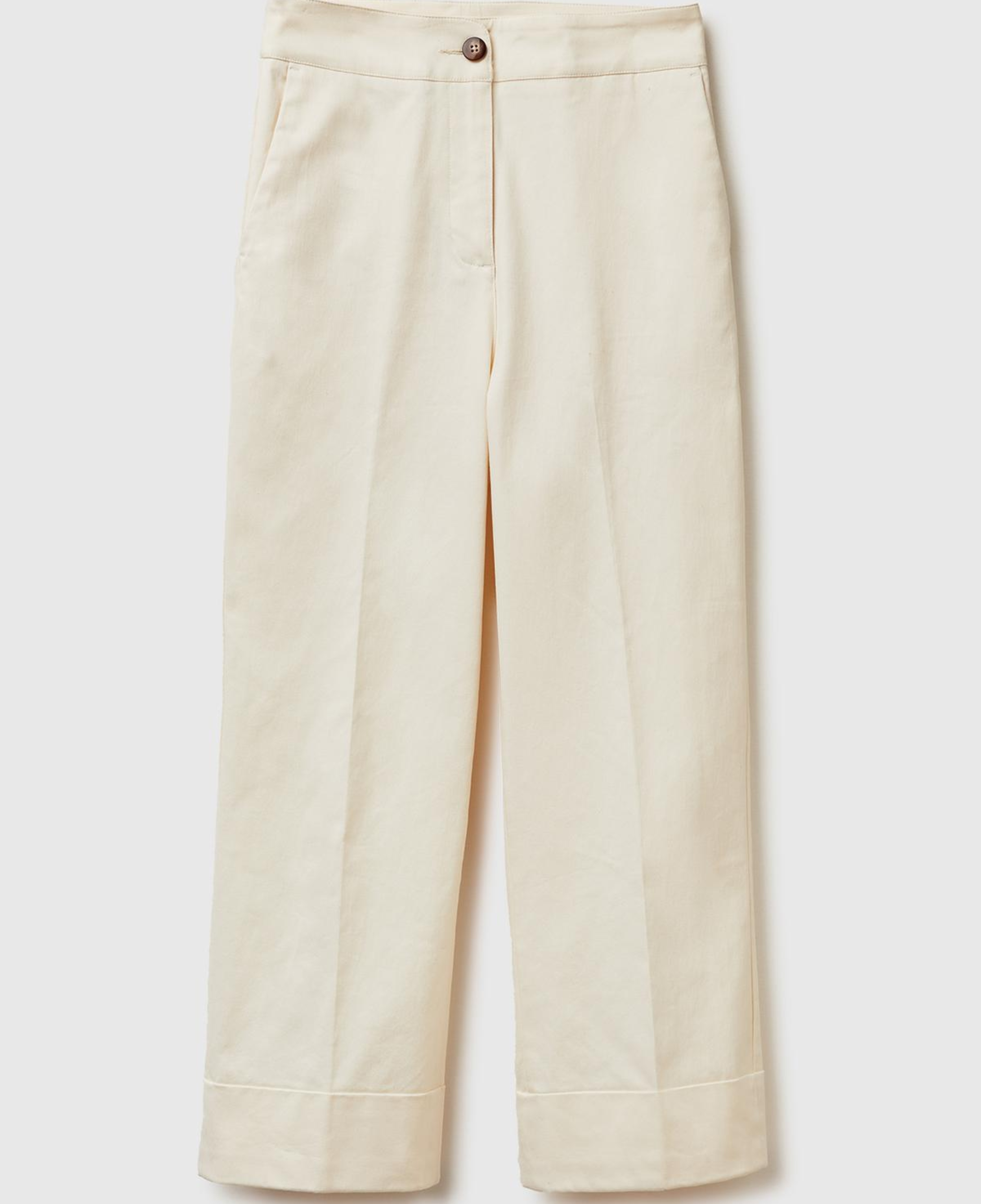 Kadın Krem Pamuk Karışımlı Düğmeli Paçası Katlamalı Pantolon