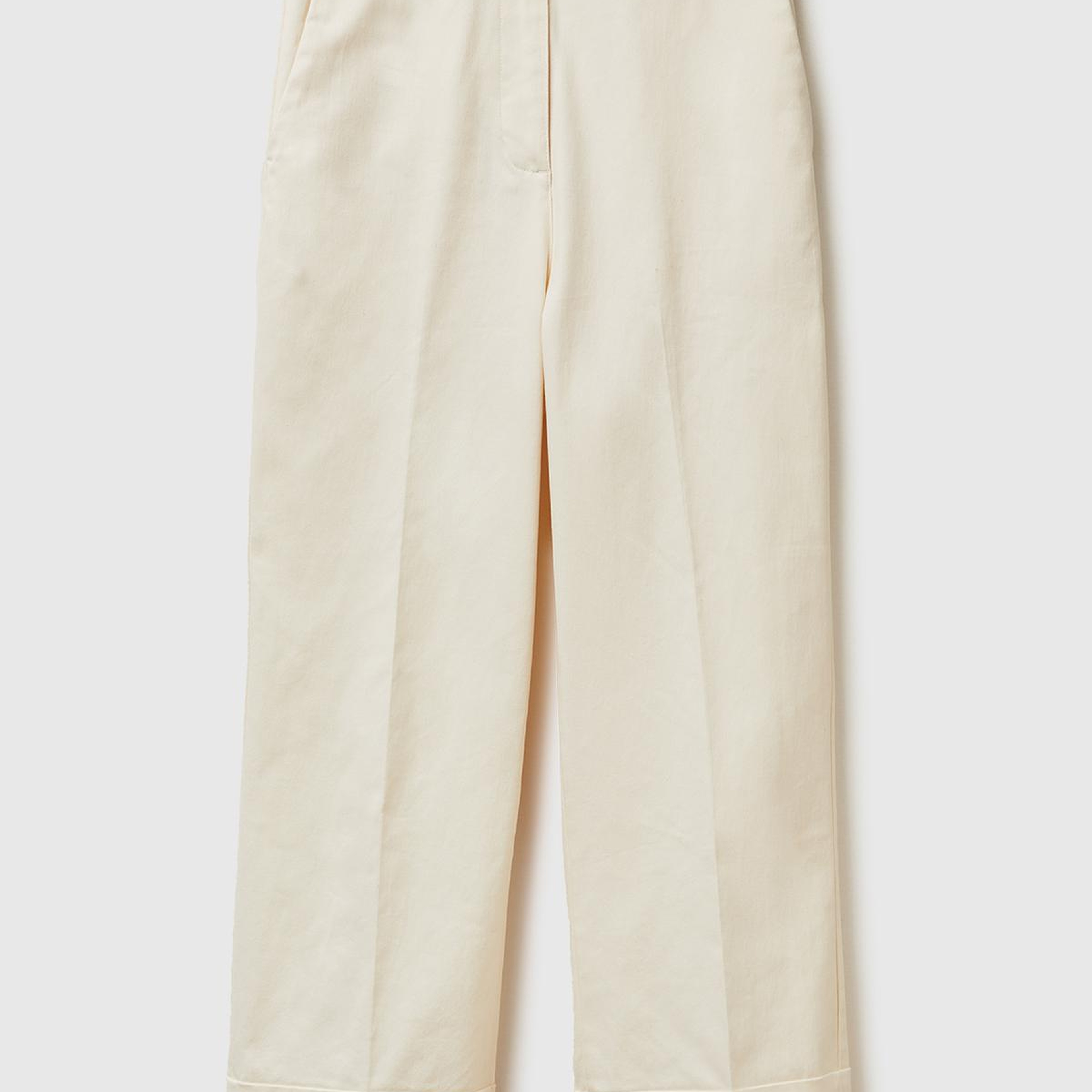 Kadın Krem Pamuk Karışımlı Düğmeli Paçası Katlamalı Pantolon