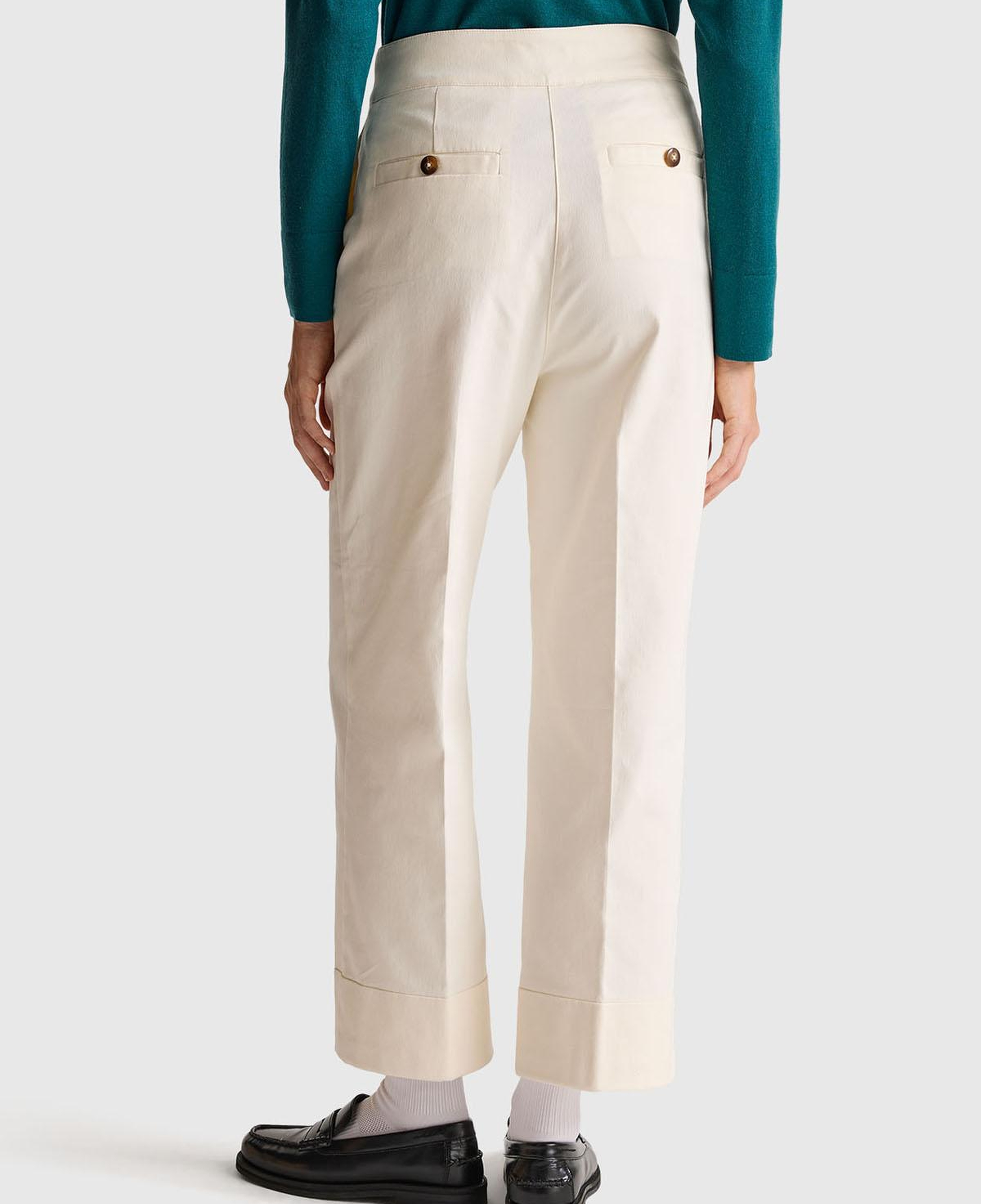 Kadın Krem Pamuk Karışımlı Düğmeli Paçası Katlamalı Pantolon