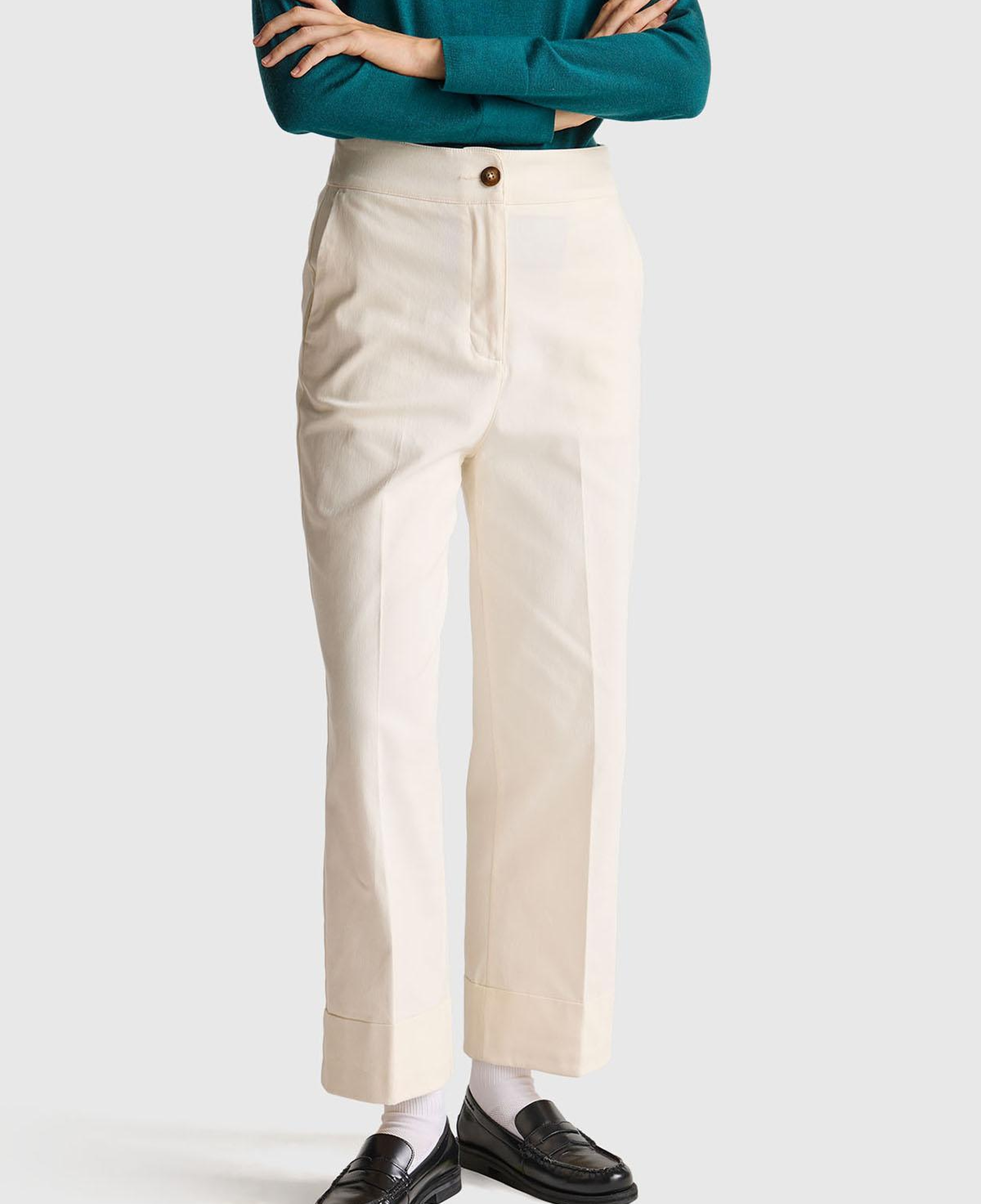 Kadın Krem Pamuk Karışımlı Düğmeli Paçası Katlamalı Pantolon