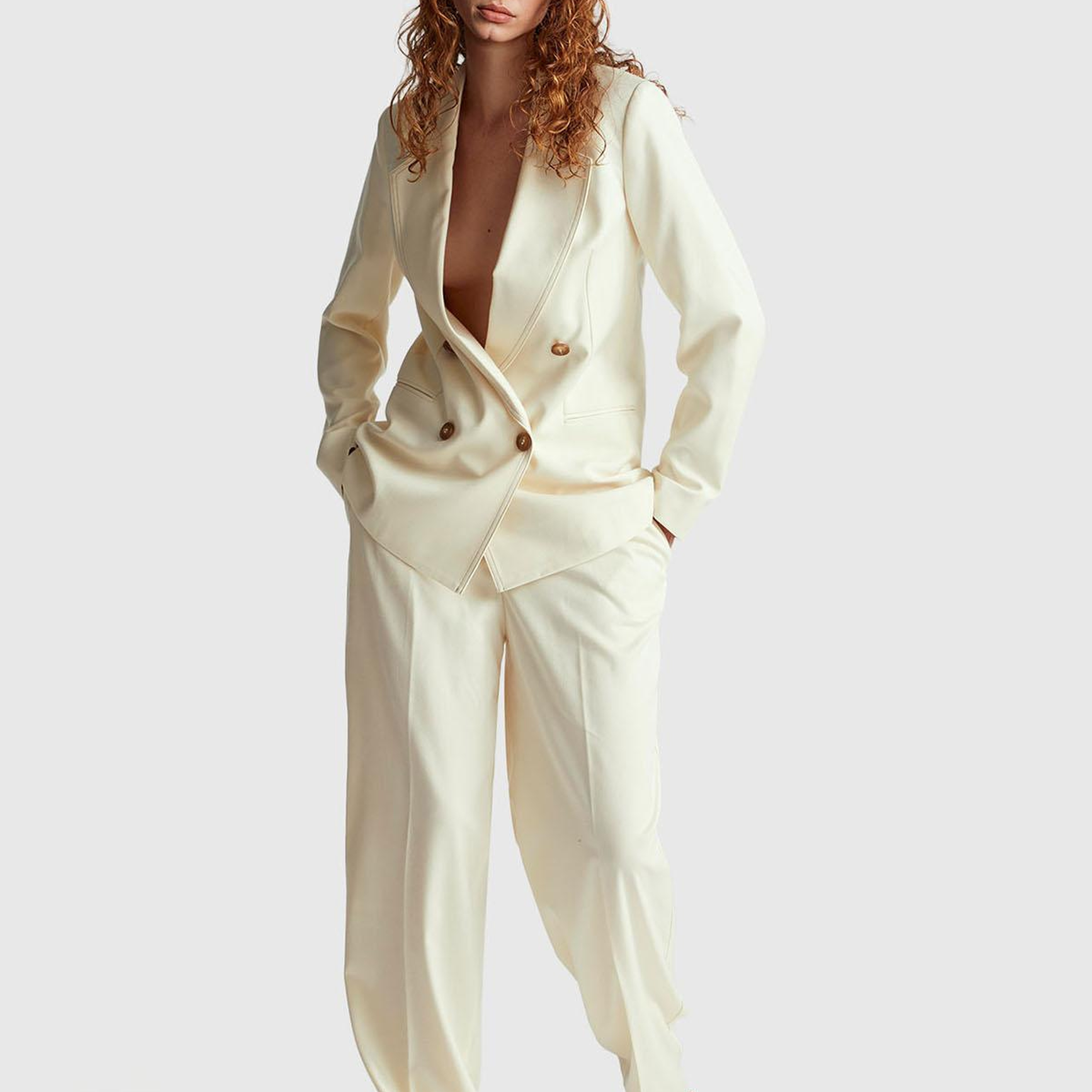 Kadın Ekru Viskoz ve Yün Karışımlı Gizli Düğmeli Geniş Paça Pantolon