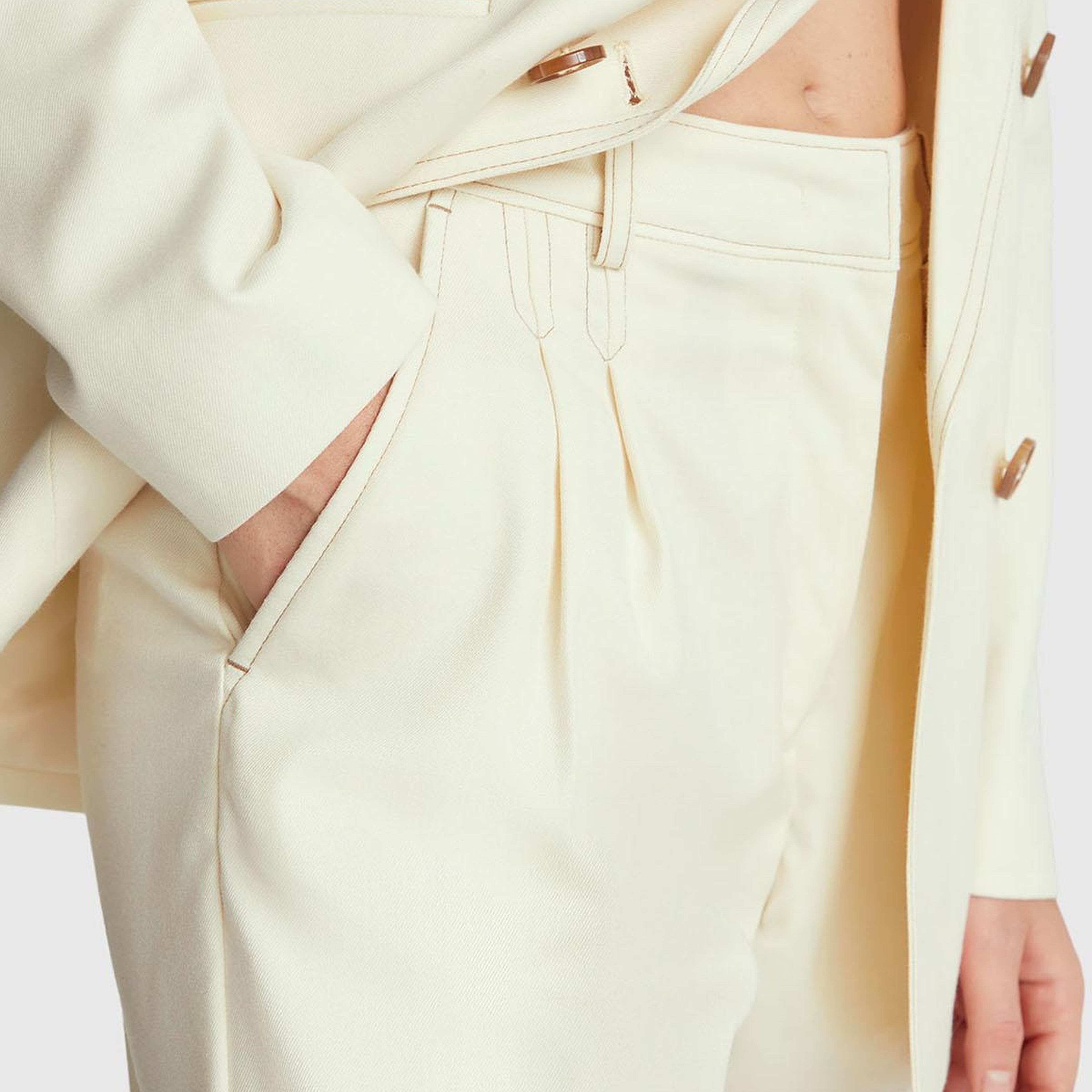 Kadın Ekru Viskoz ve Yün Karışımlı Gizli Düğmeli Geniş Paça Pantolon