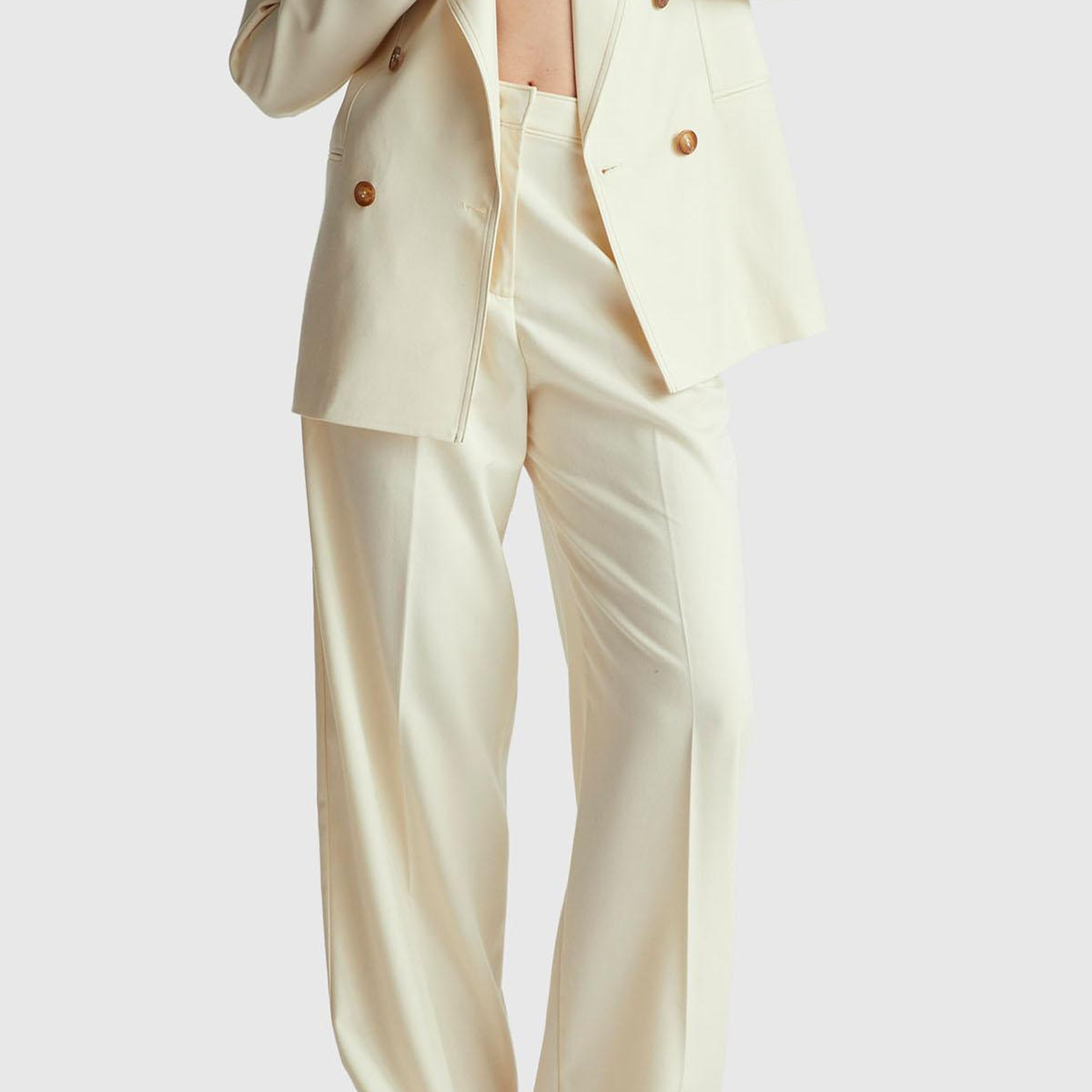 Kadın Ekru Viskoz ve Yün Karışımlı Gizli Düğmeli Geniş Paça Pantolon