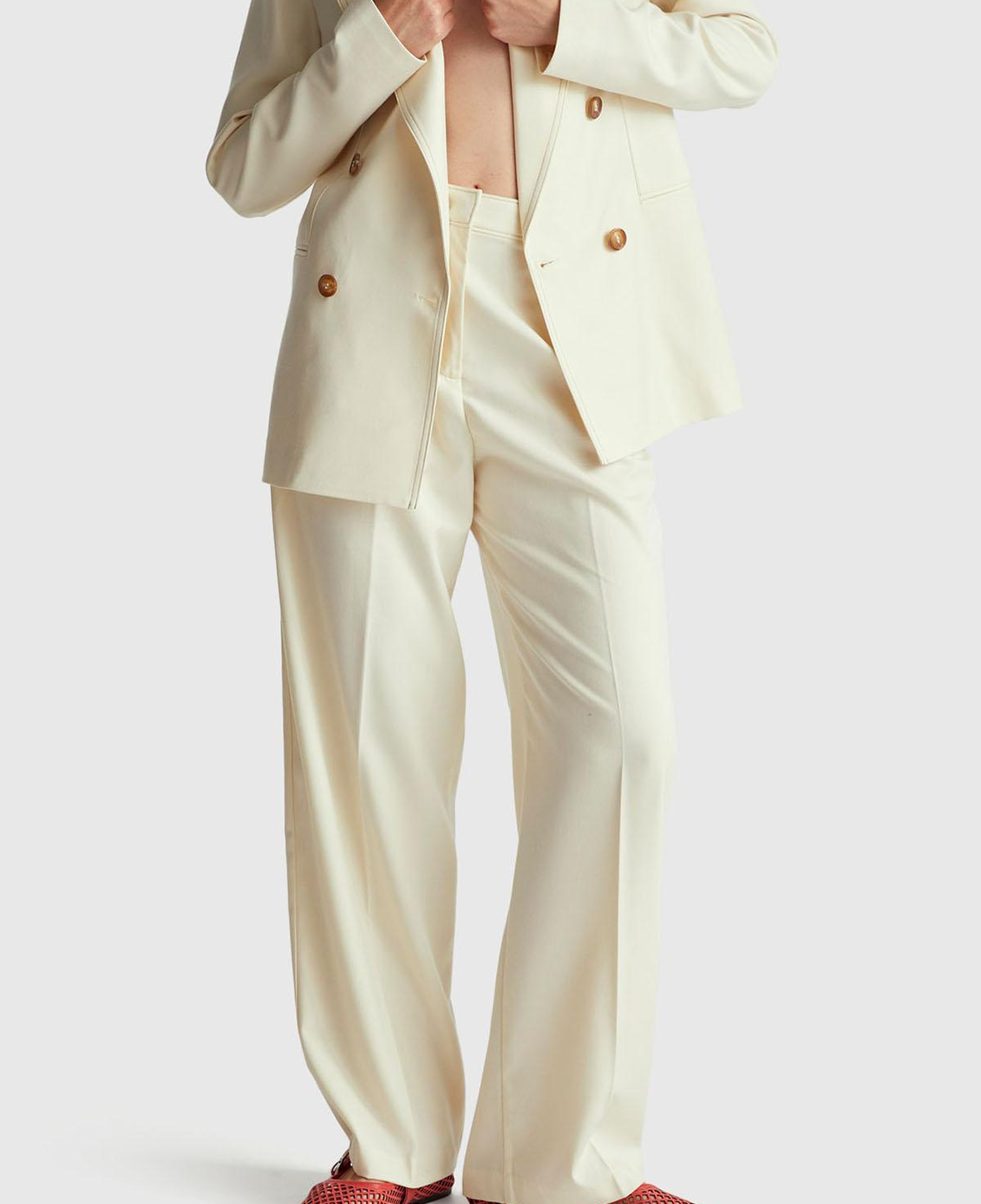 Kadın Ekru Viskoz ve Yün Karışımlı Gizli Düğmeli Geniş Paça Pantolon