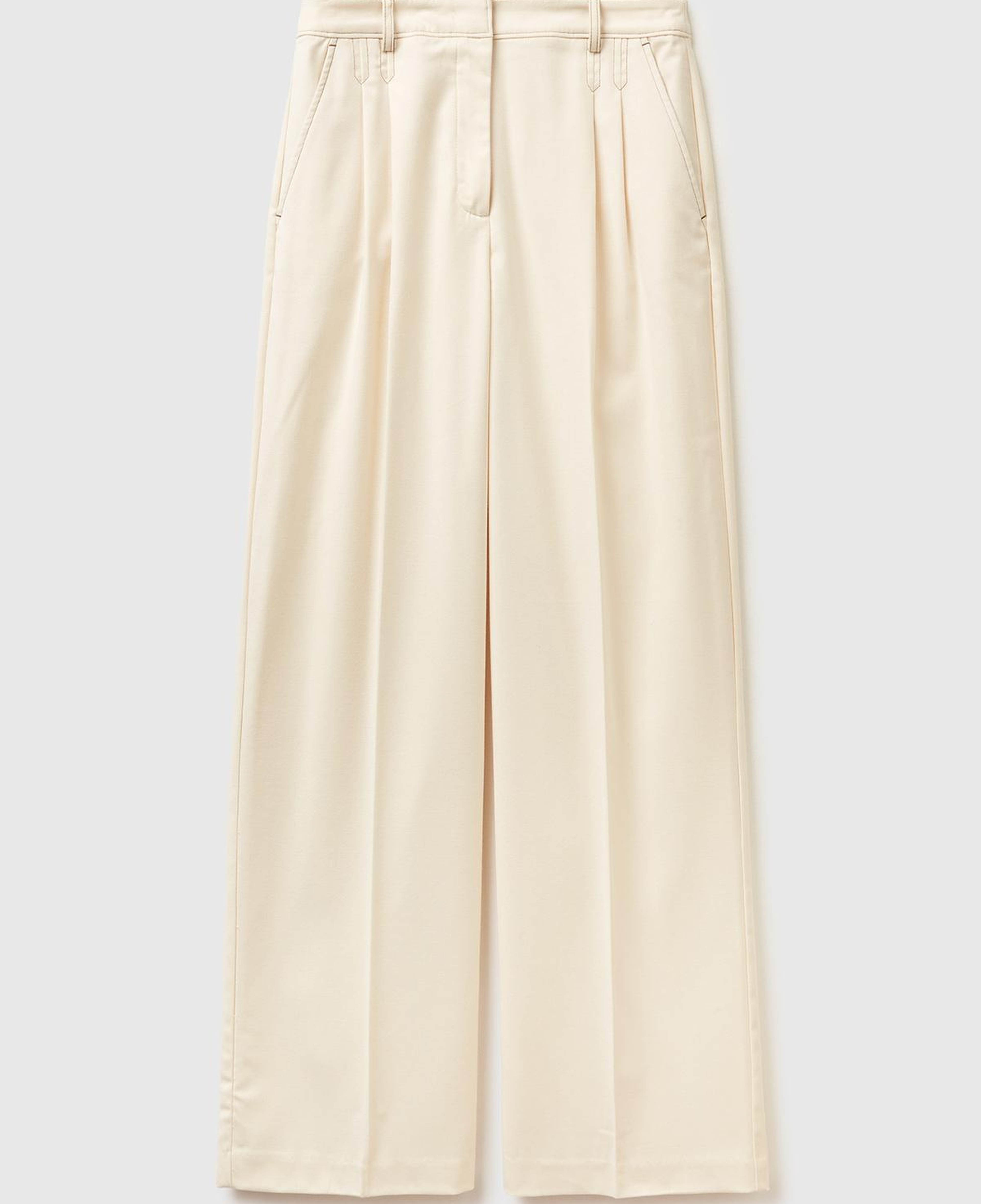 Kadın Ekru Viskoz ve Yün Karışımlı Gizli Düğmeli Geniş Paça Pantolon