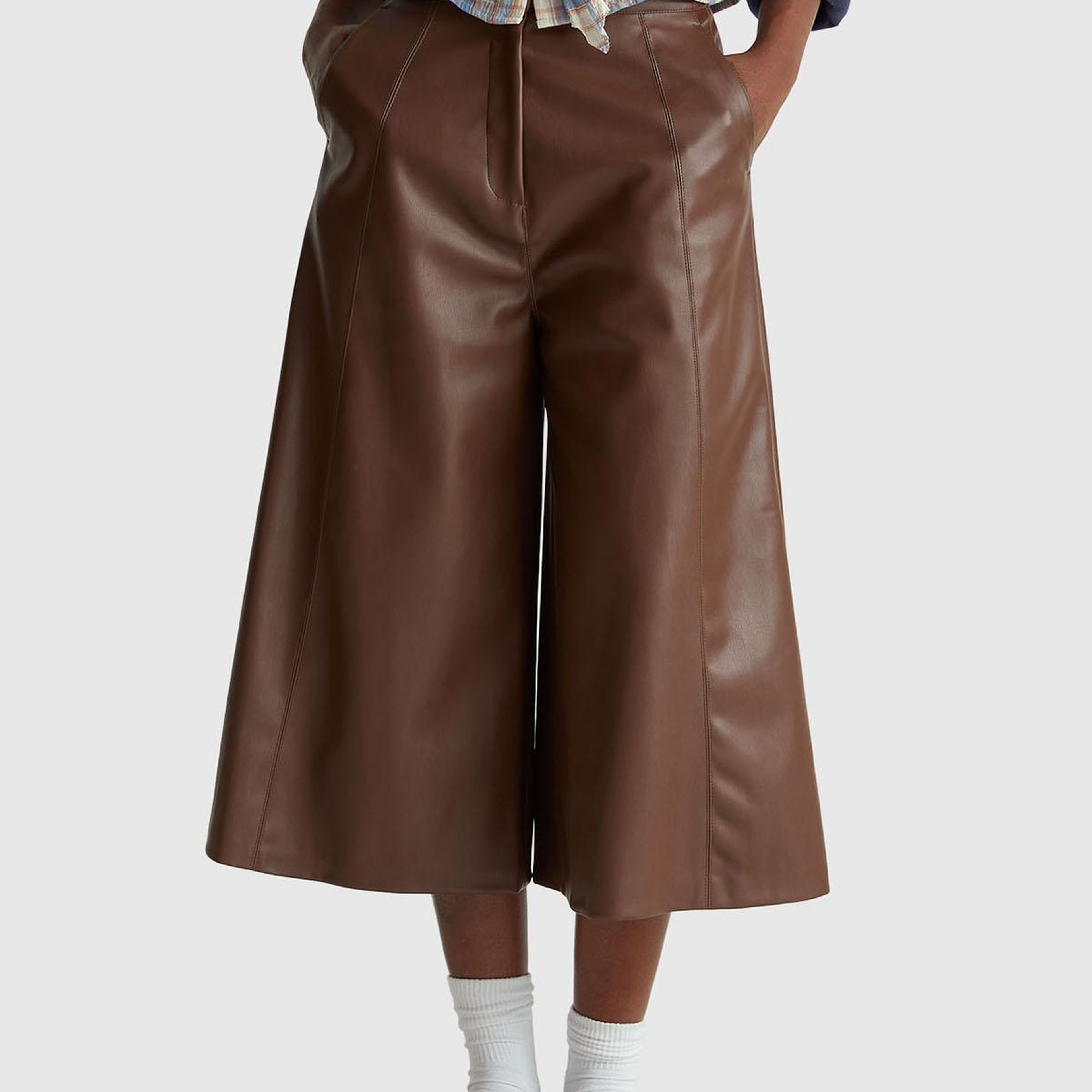 Kadın Koyu Kahverengi Suni Deri Geniş Paça 3/4 Boy Pantolon