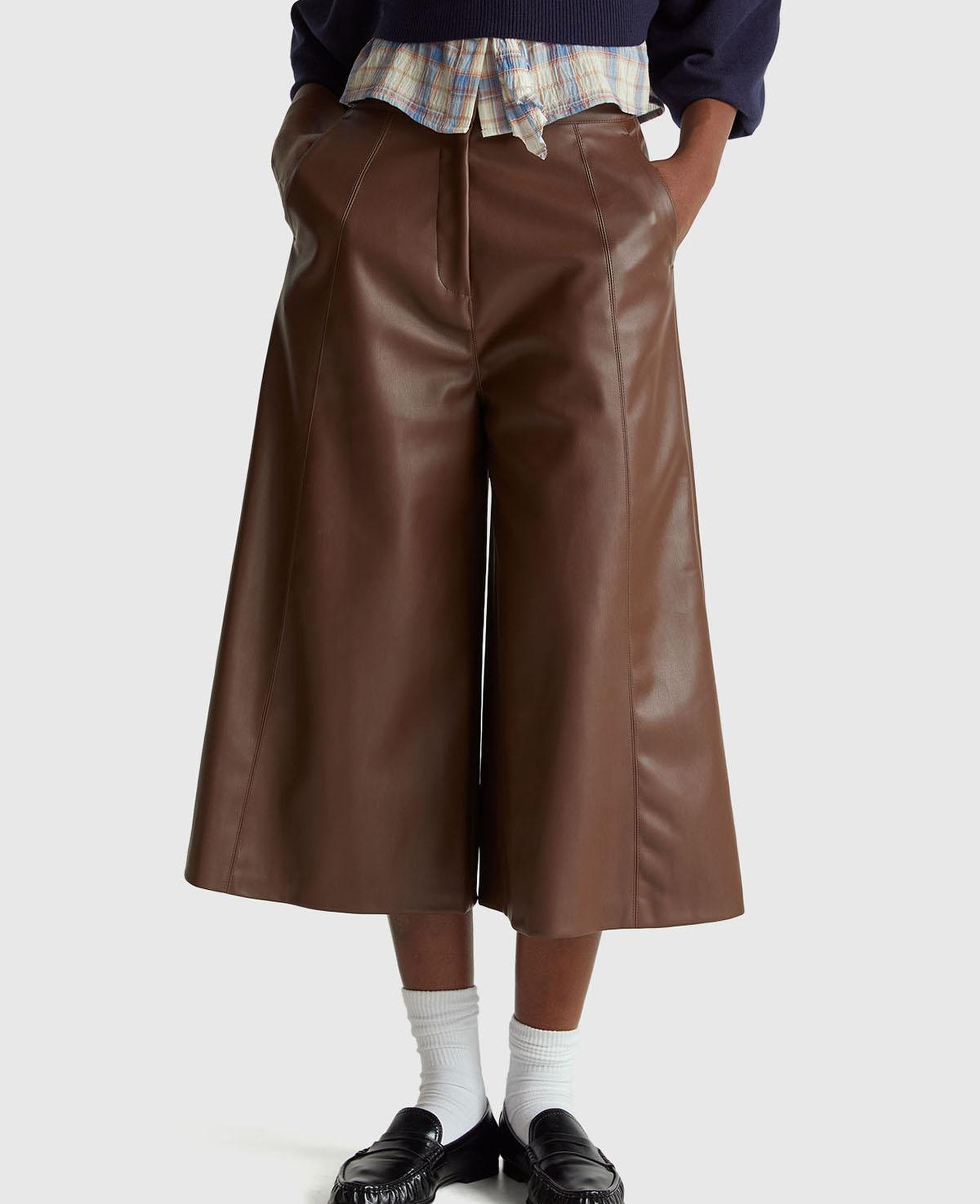 Kadın Koyu Kahverengi Suni Deri Geniş Paça 3/4 Boy Pantolon