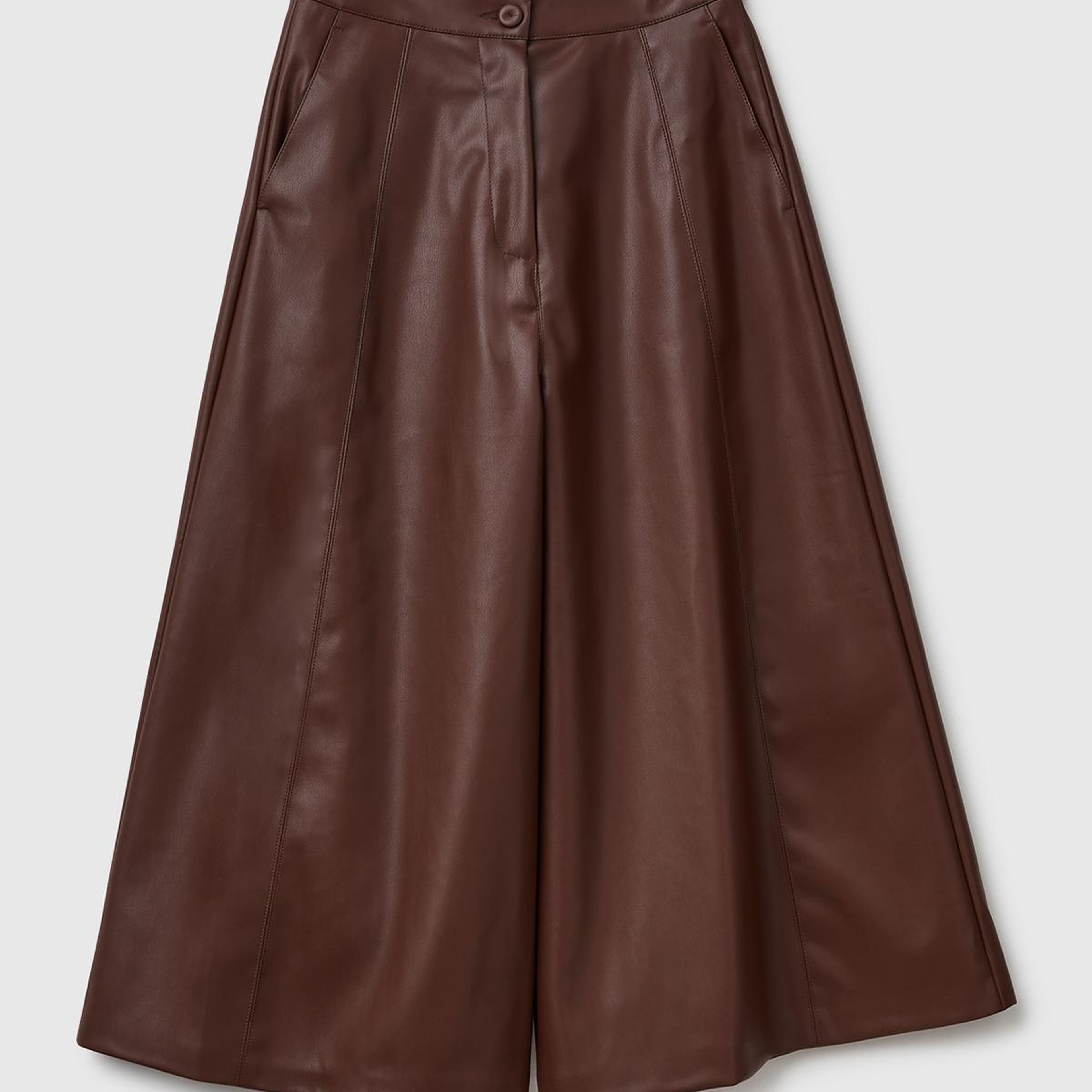 Kadın Koyu Kahverengi Suni Deri Geniş Paça 3/4 Boy Pantolon