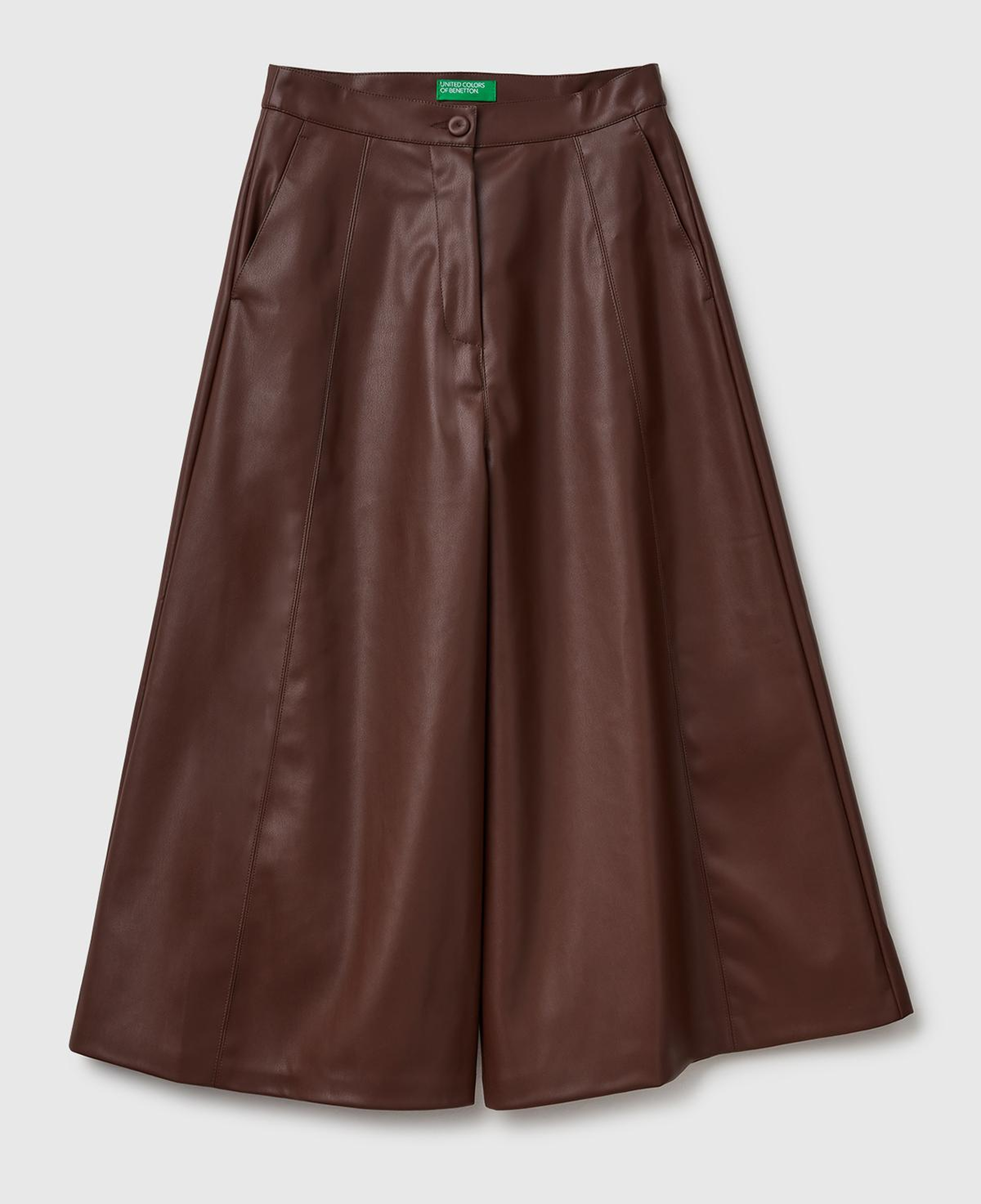 Kadın Koyu Kahverengi Suni Deri Geniş Paça 3/4 Boy Pantolon