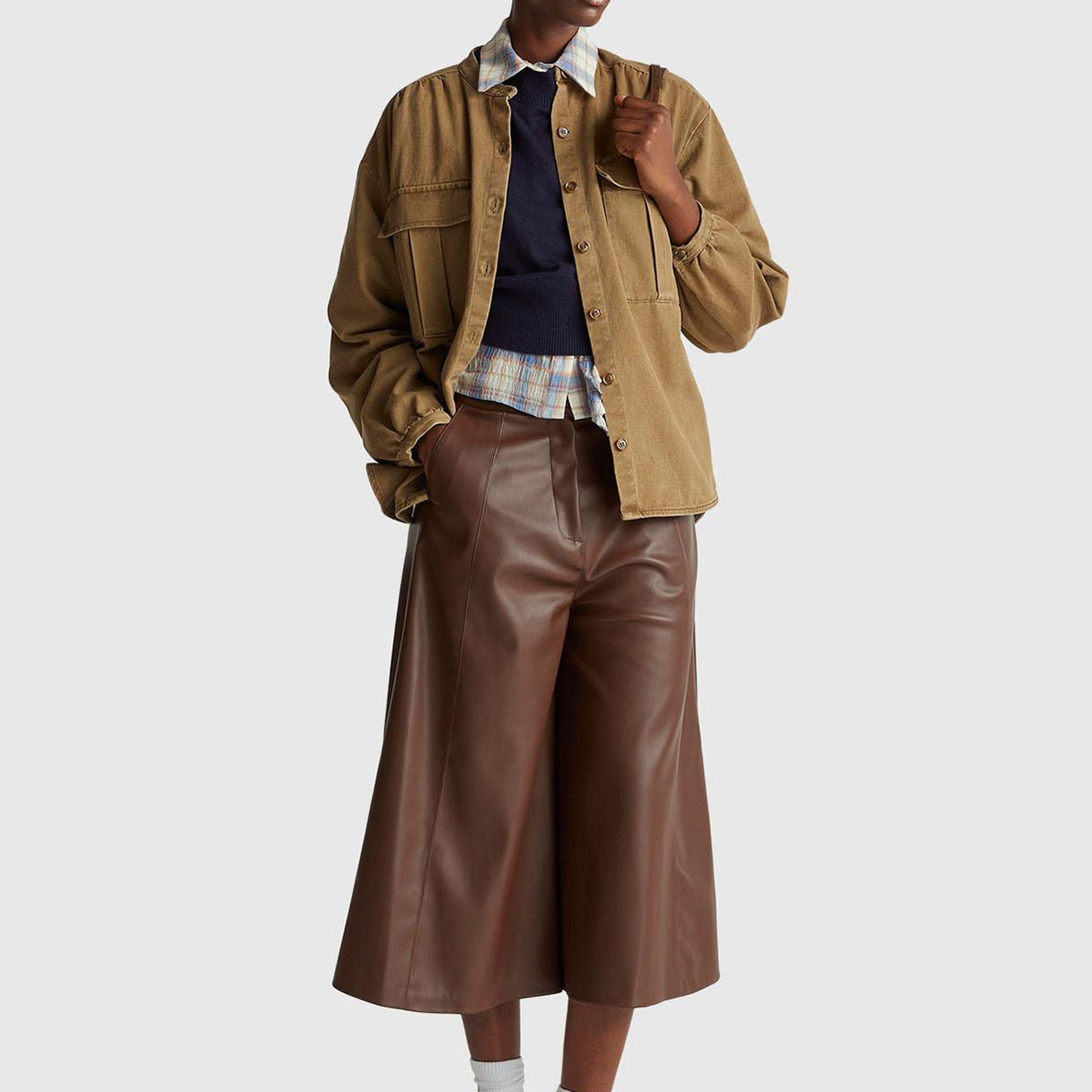 Kadın Koyu Kahverengi Suni Deri Geniş Paça 3/4 Boy Pantolon