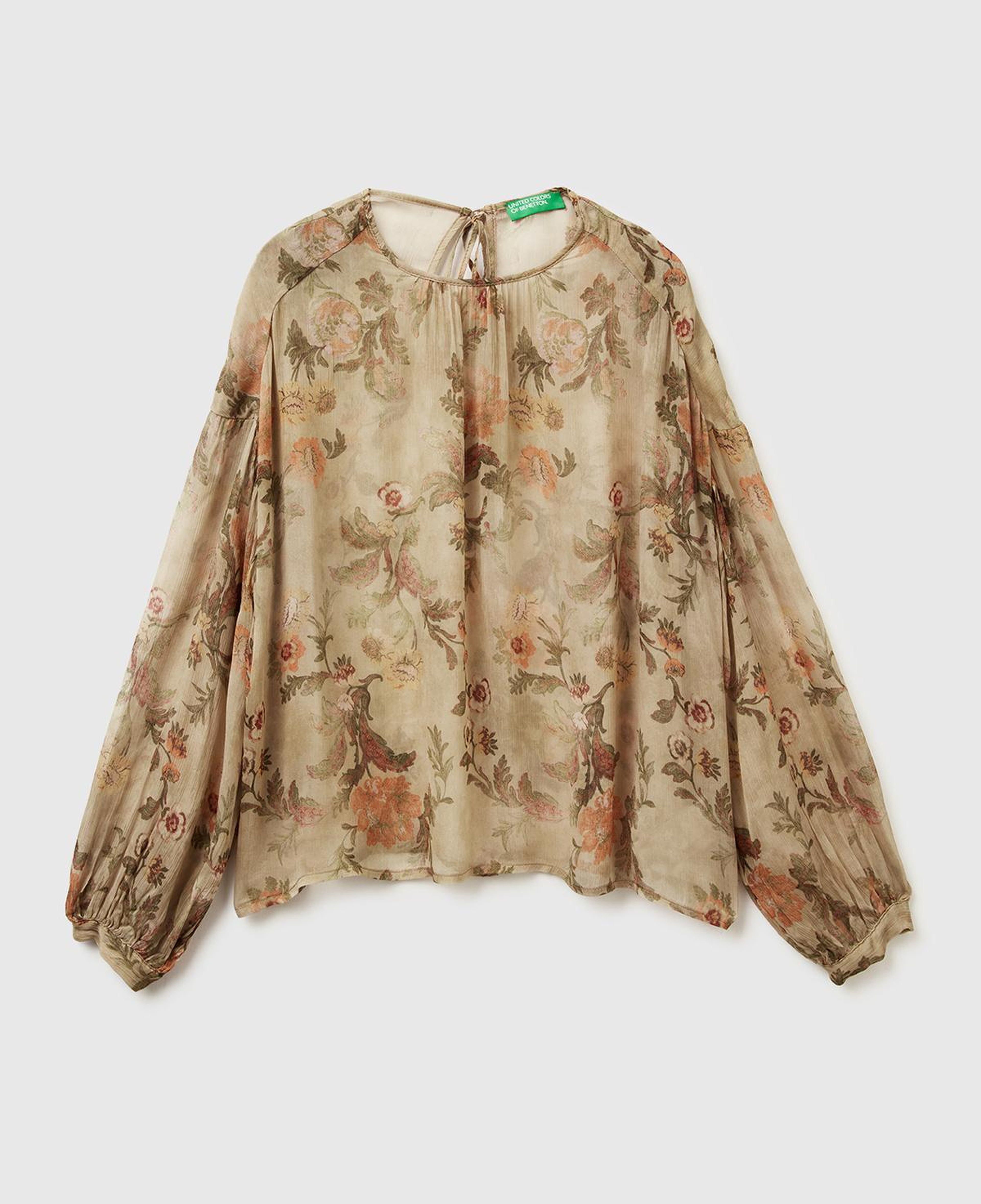 Kadın Bej %100 Viskoz Çiçek Desenli Dökümlü Bluz