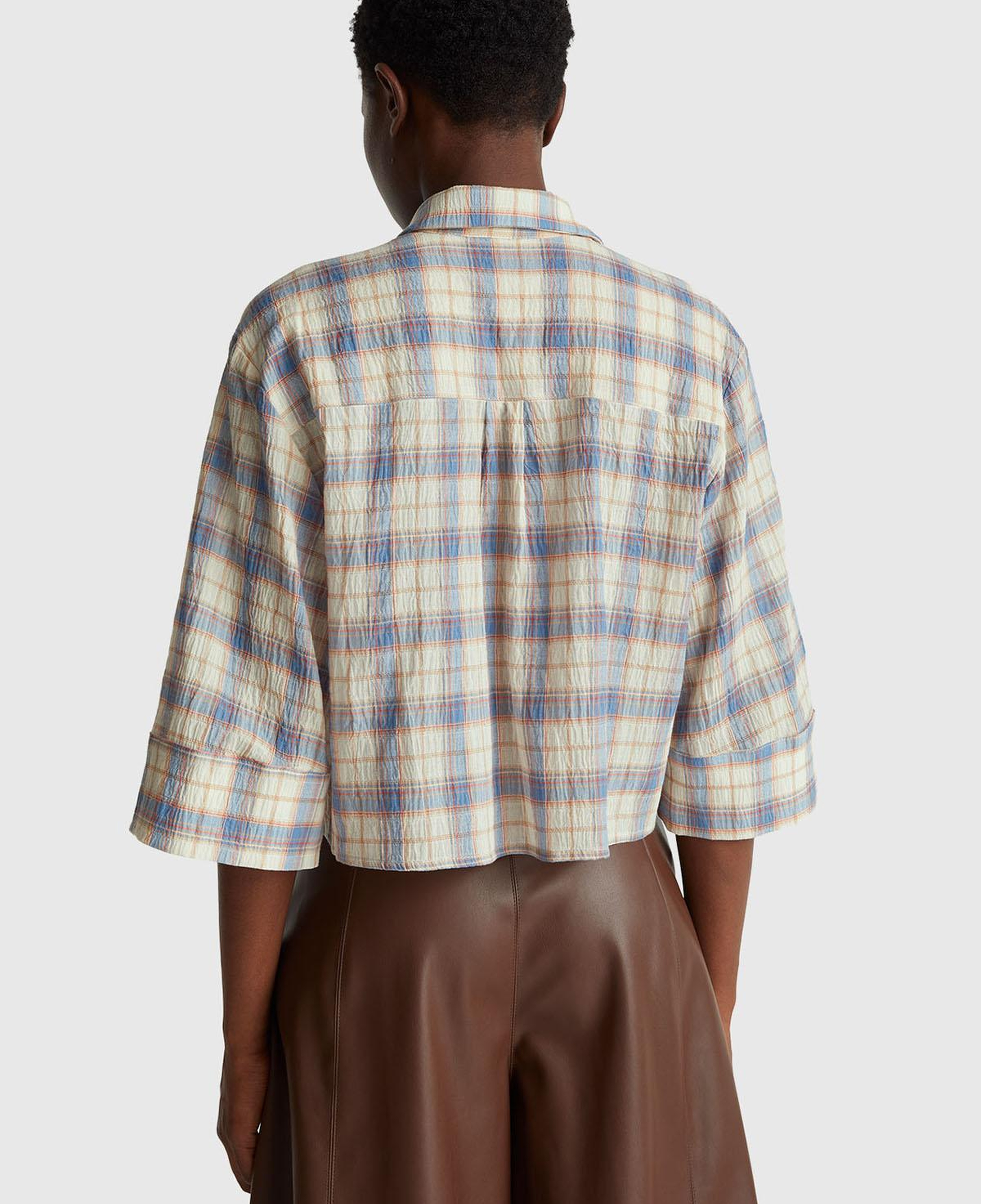 Kadın Mavi Pamuk Karışımlı Kareli Fırfır Detaylı Gömlek