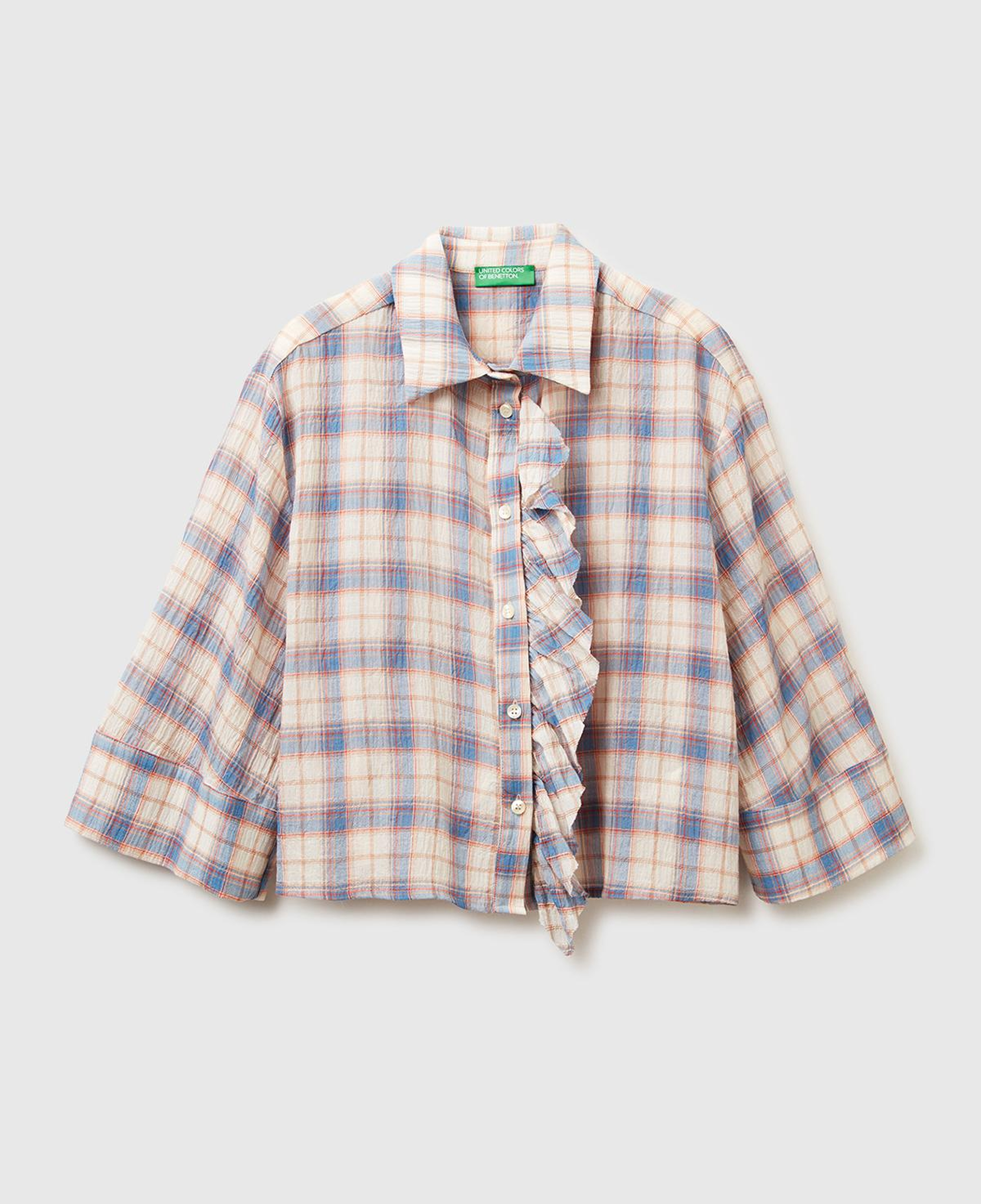 Kadın Mavi Pamuk Karışımlı Kareli Fırfır Detaylı Gömlek