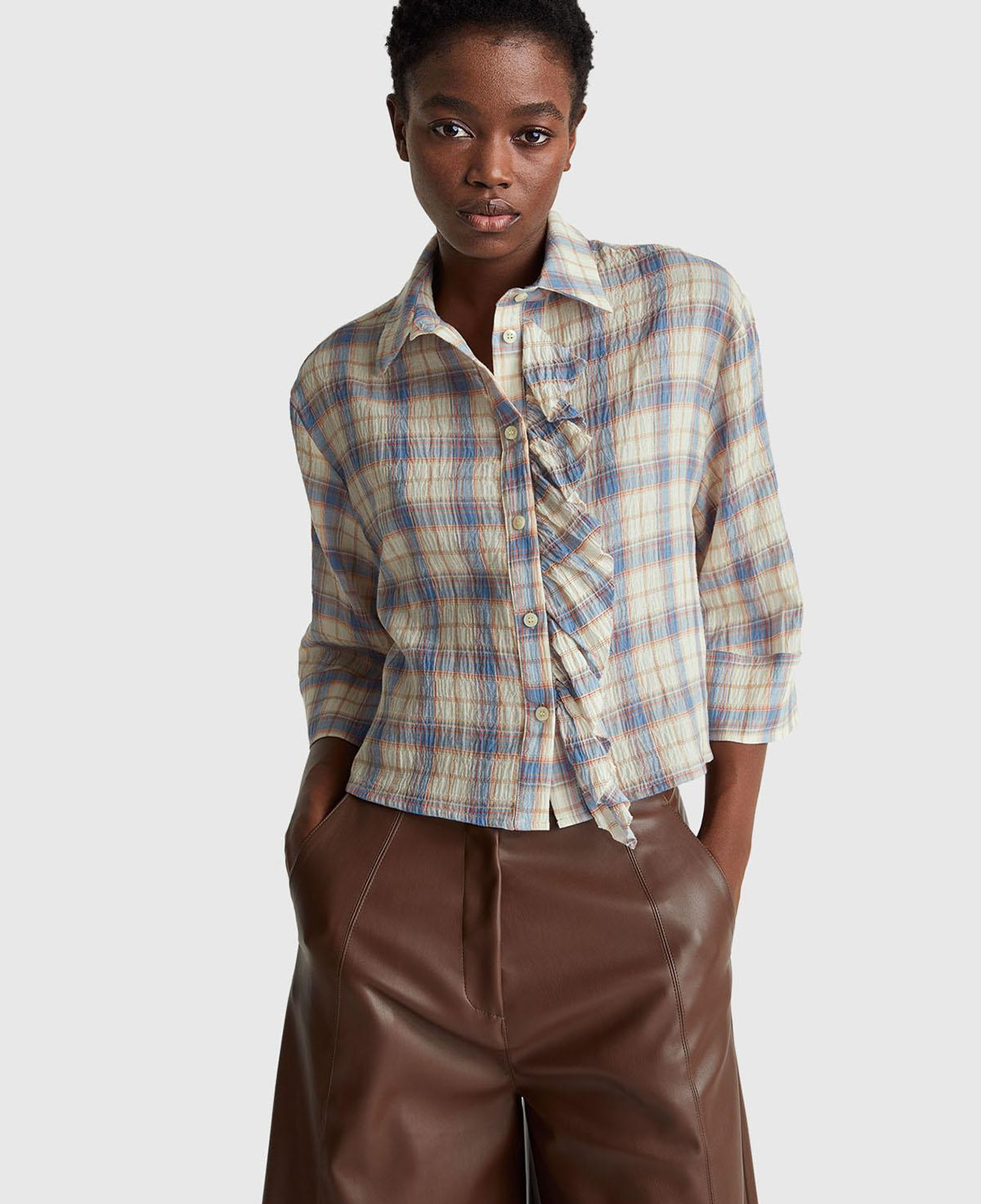 Kadın Mavi Pamuk Karışımlı Kareli Fırfır Detaylı Gömlek