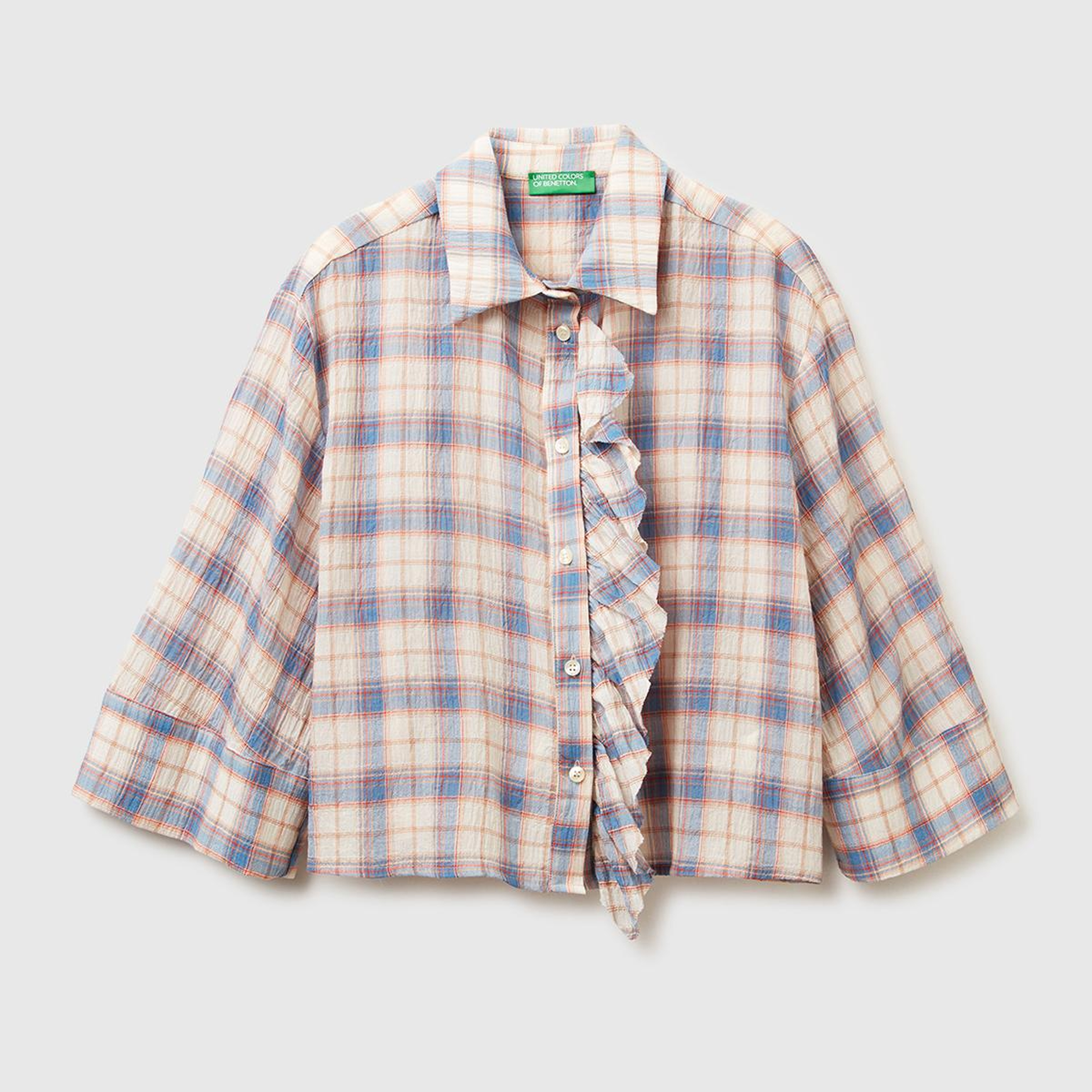 Kadın Mavi Pamuk Karışımlı Kareli Fırfır Detaylı Gömlek