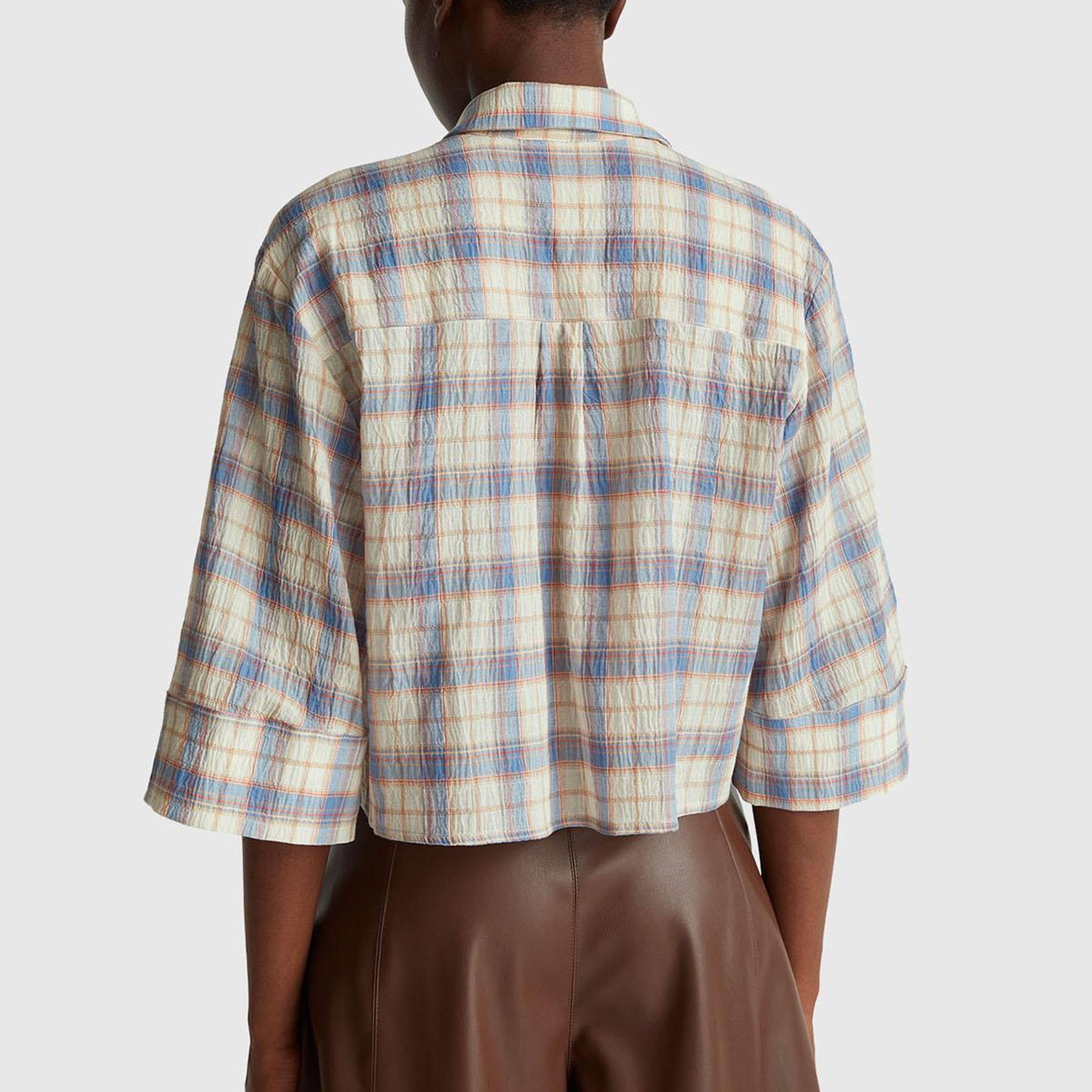 Kadın Mavi Pamuk Karışımlı Kareli Fırfır Detaylı Gömlek