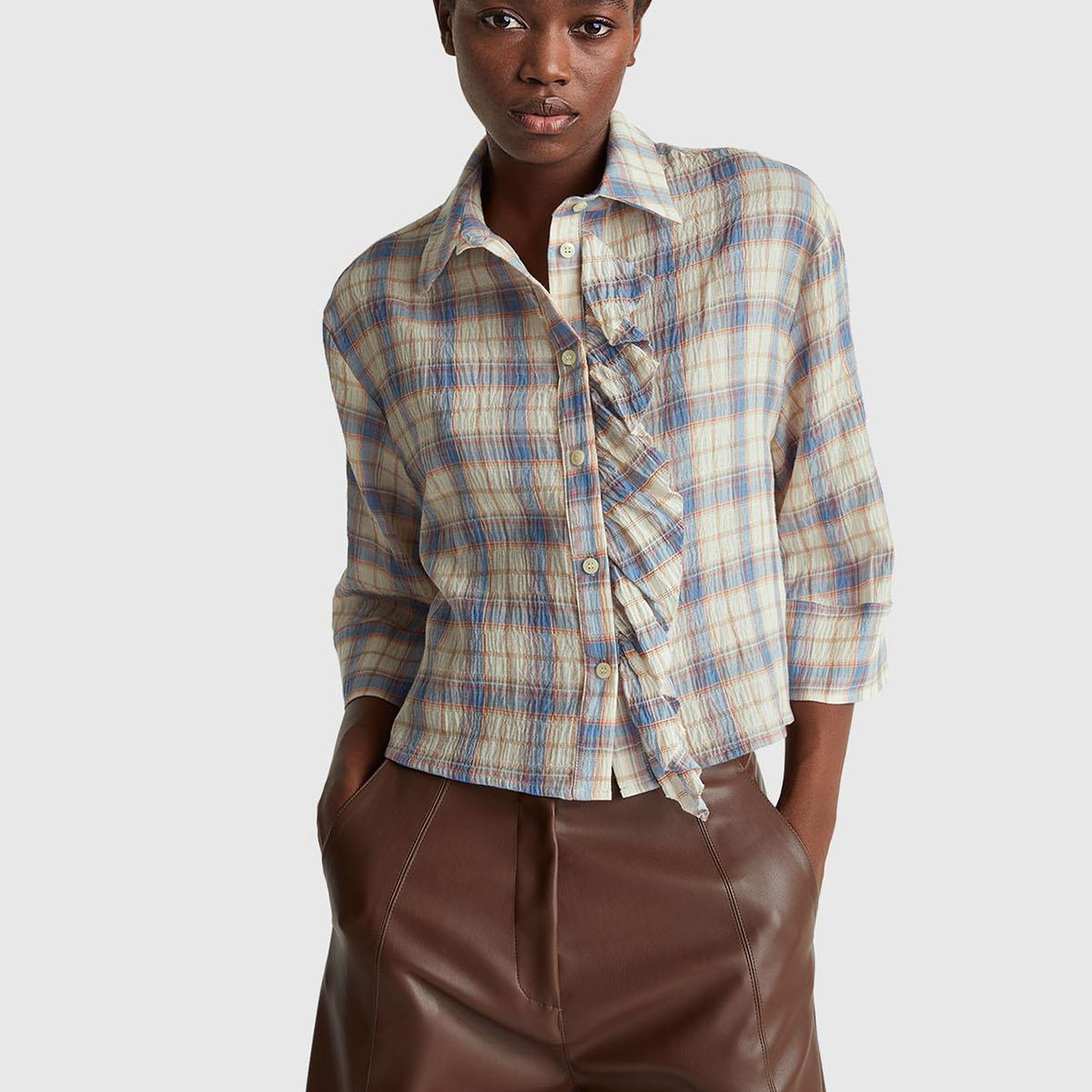 Kadın Mavi Pamuk Karışımlı Kareli Fırfır Detaylı Gömlek