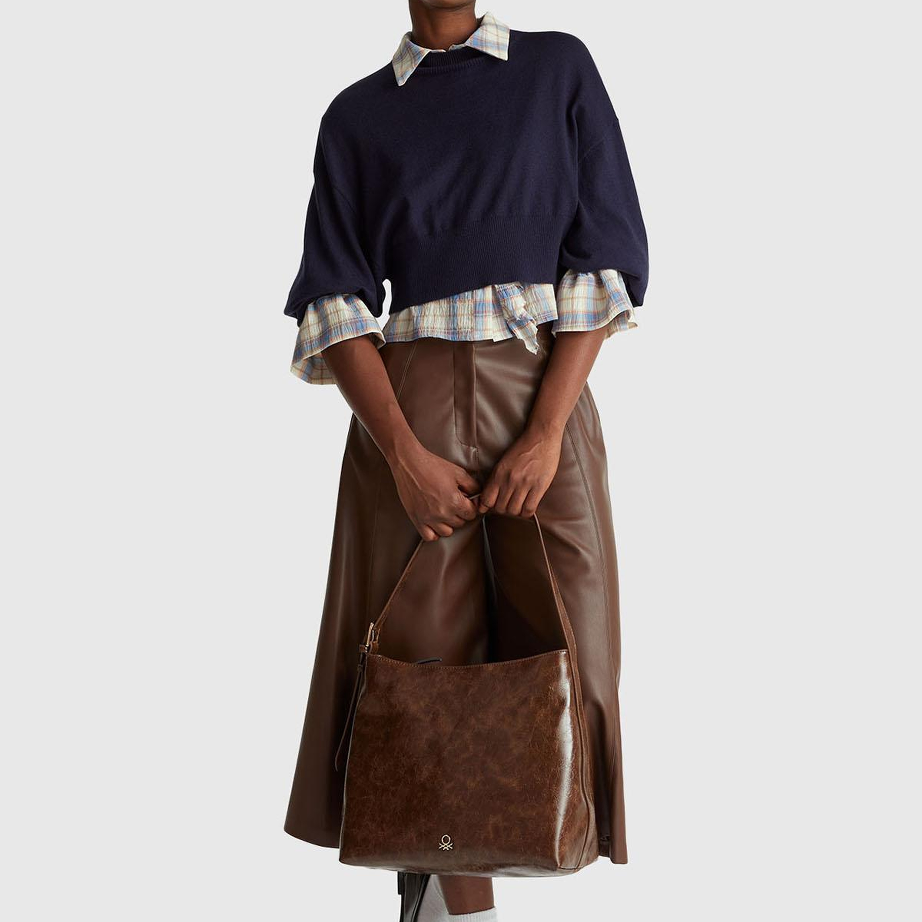 Kadın Mavi Pamuk Karışımlı Kareli Fırfır Detaylı Gömlek