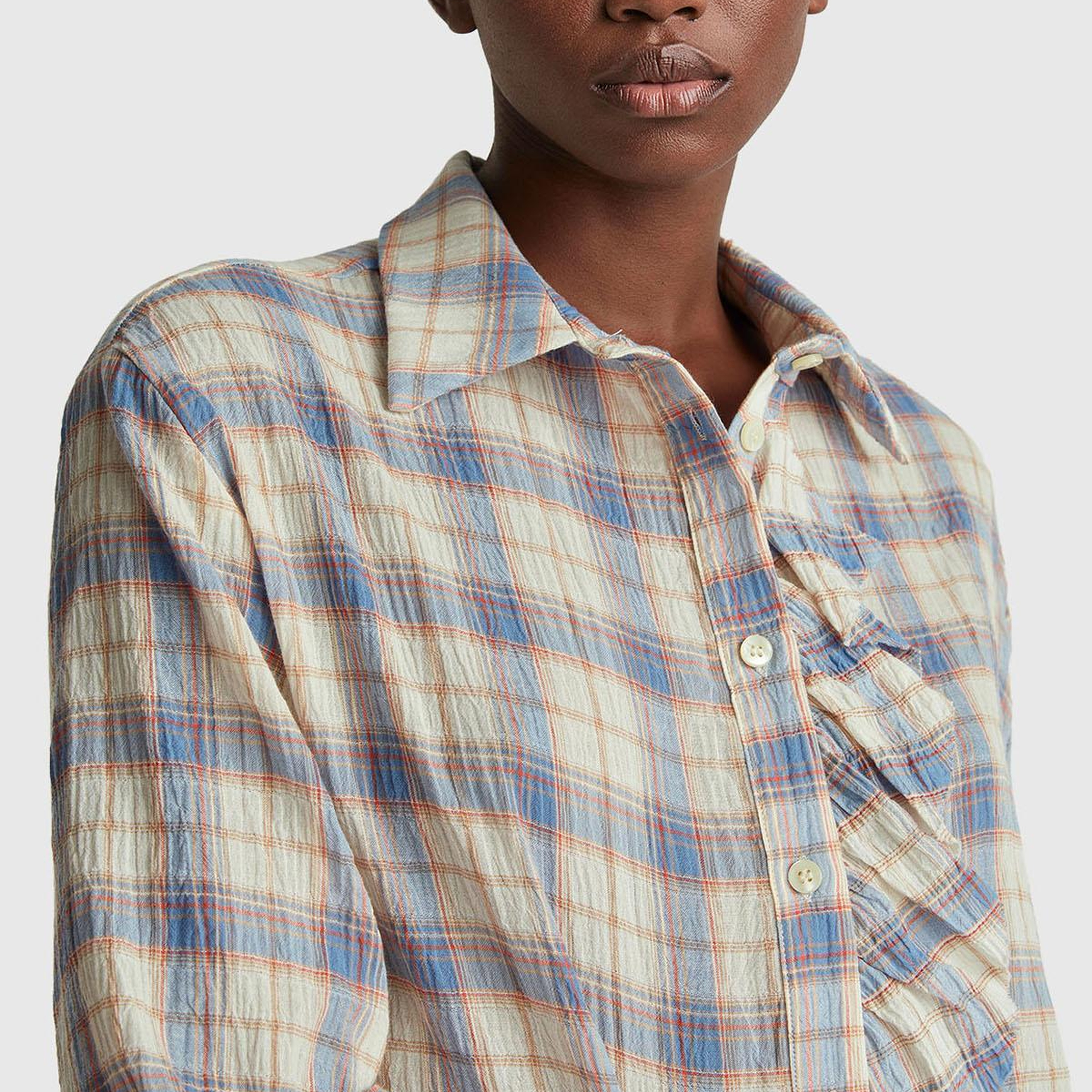 Kadın Mavi Pamuk Karışımlı Kareli Fırfır Detaylı Gömlek