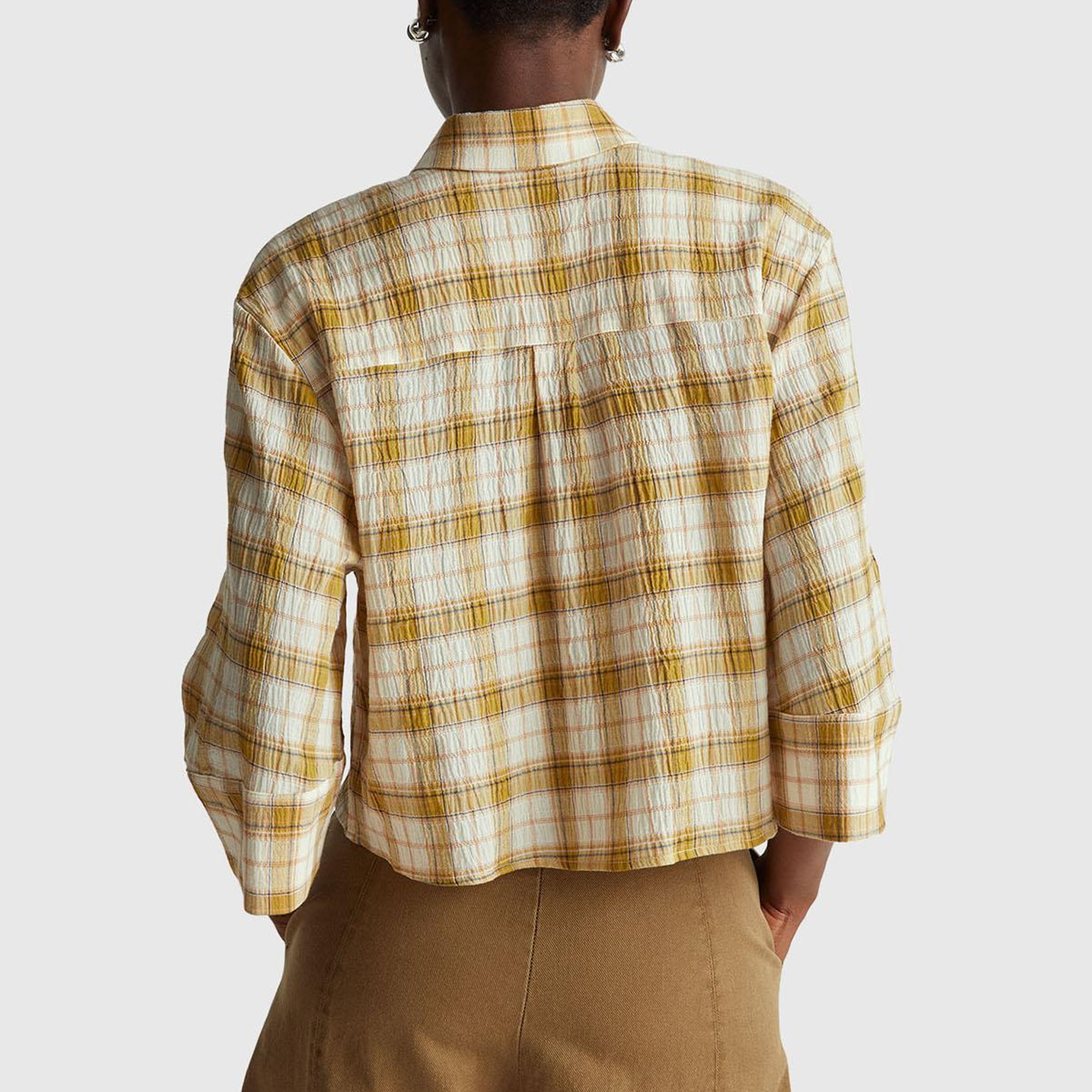 Kadın Sarı Pamuk Karışımlı Kareli Fırfır Detaylı Gömlek