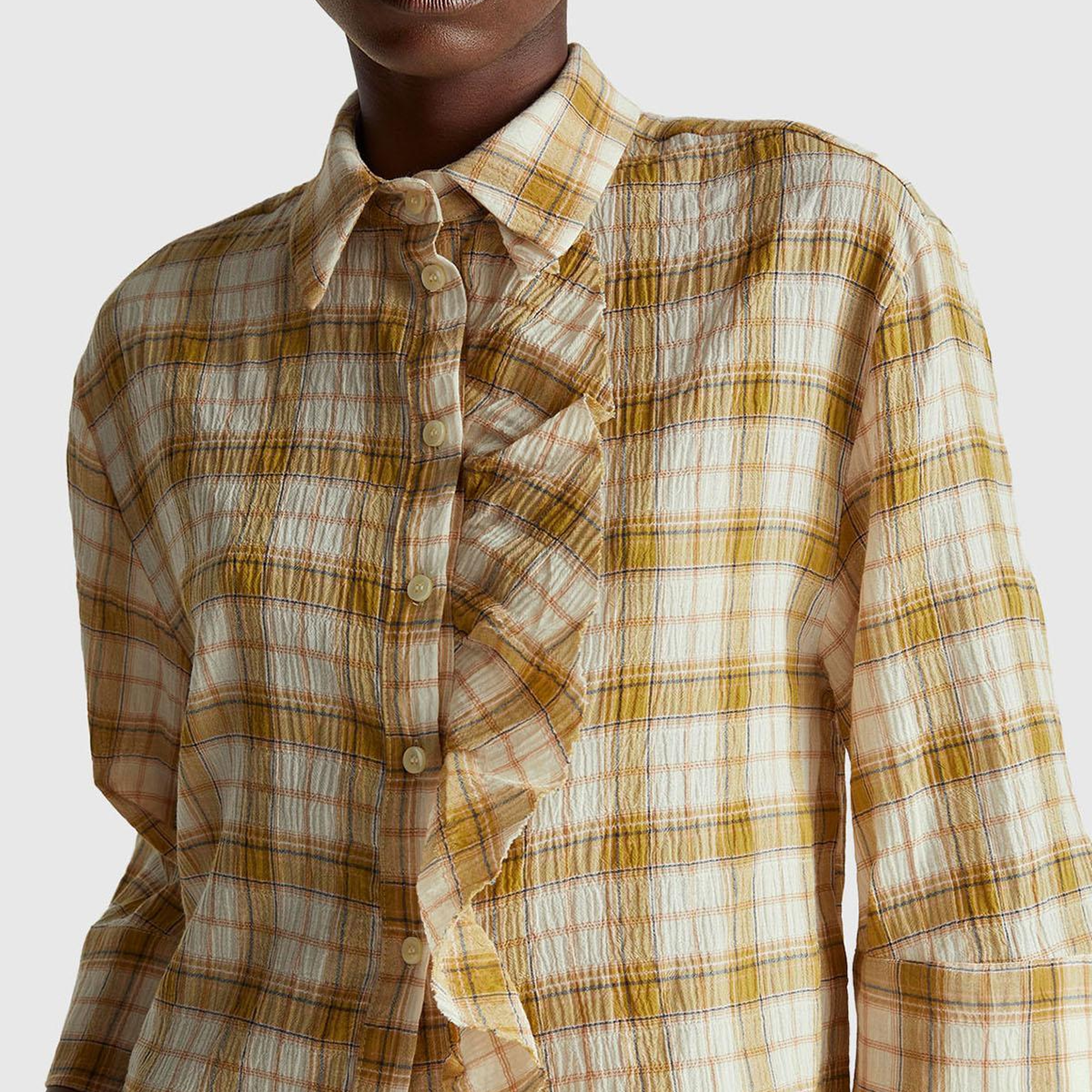 Kadın Sarı Pamuk Karışımlı Kareli Fırfır Detaylı Gömlek