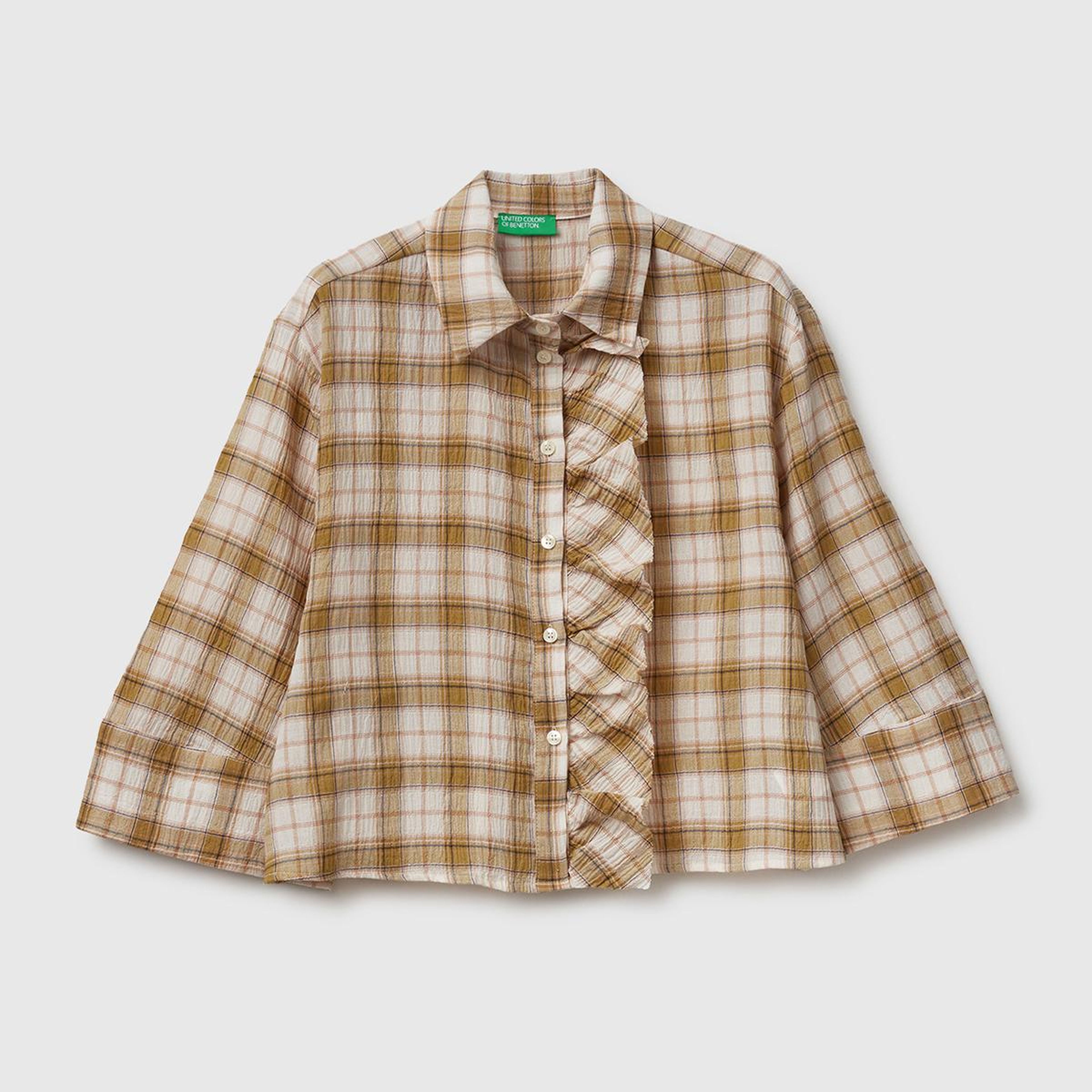 Kadın Sarı Pamuk Karışımlı Kareli Fırfır Detaylı Gömlek