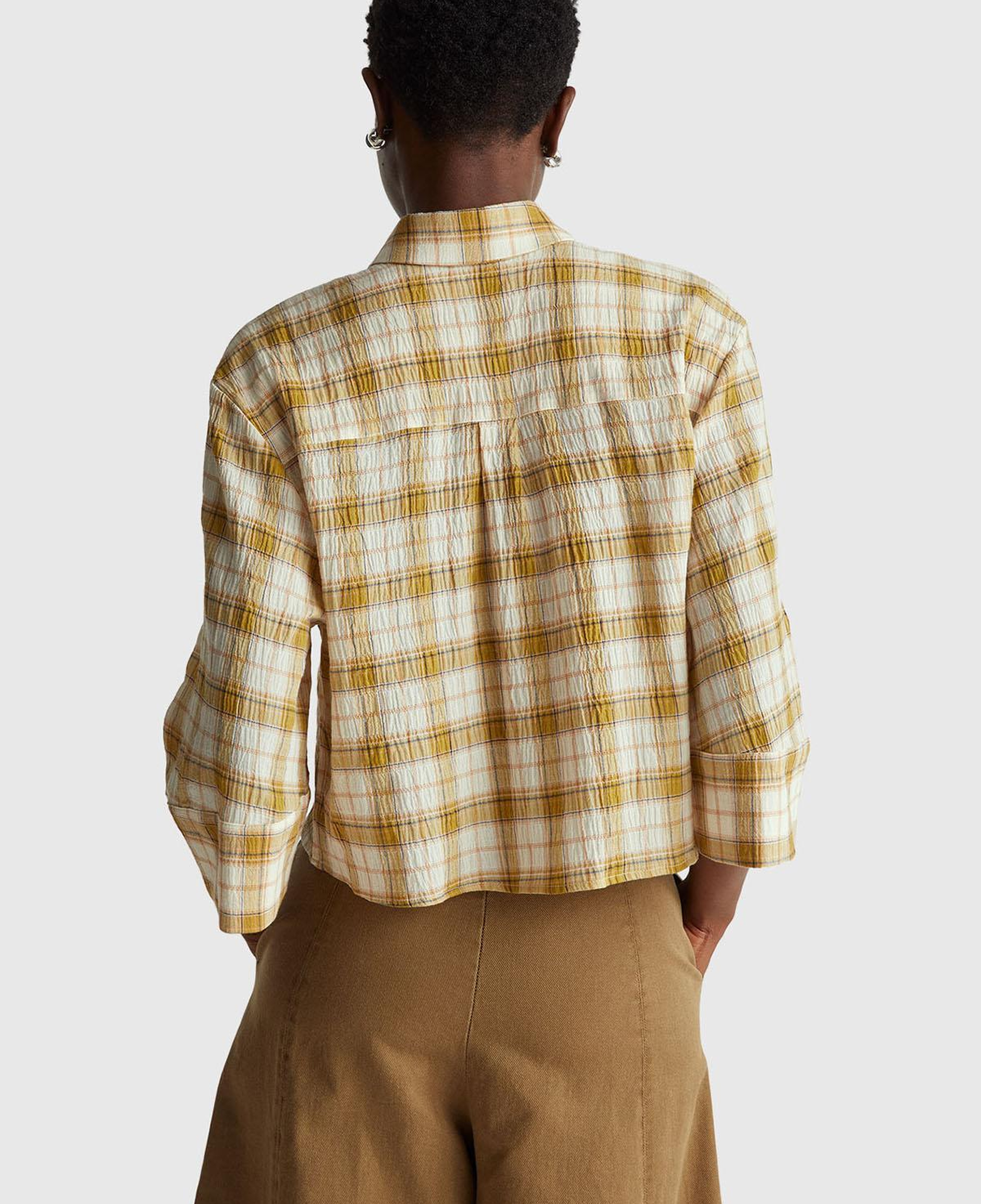 Kadın Sarı Pamuk Karışımlı Kareli Fırfır Detaylı Gömlek