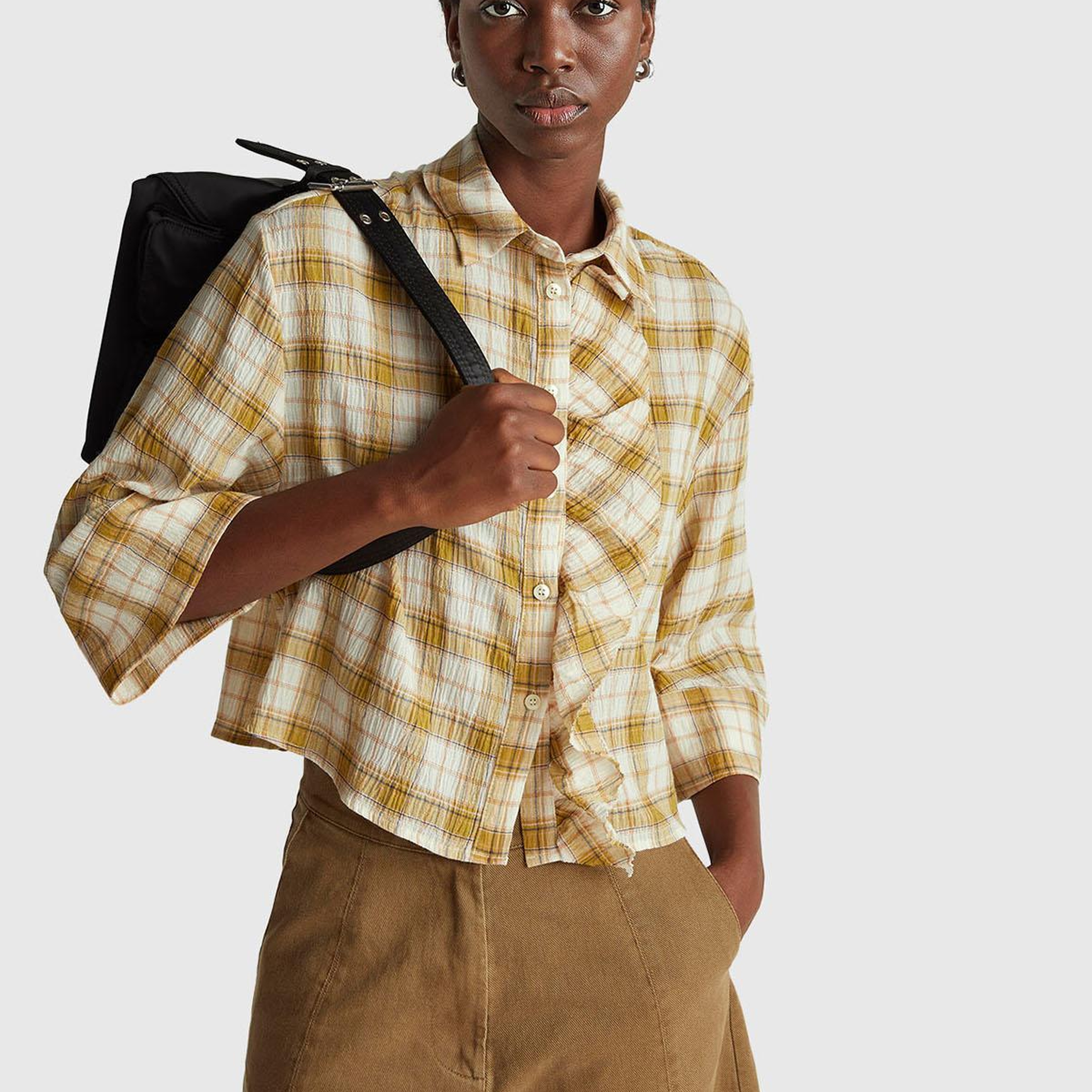 Kadın Sarı Pamuk Karışımlı Kareli Fırfır Detaylı Gömlek