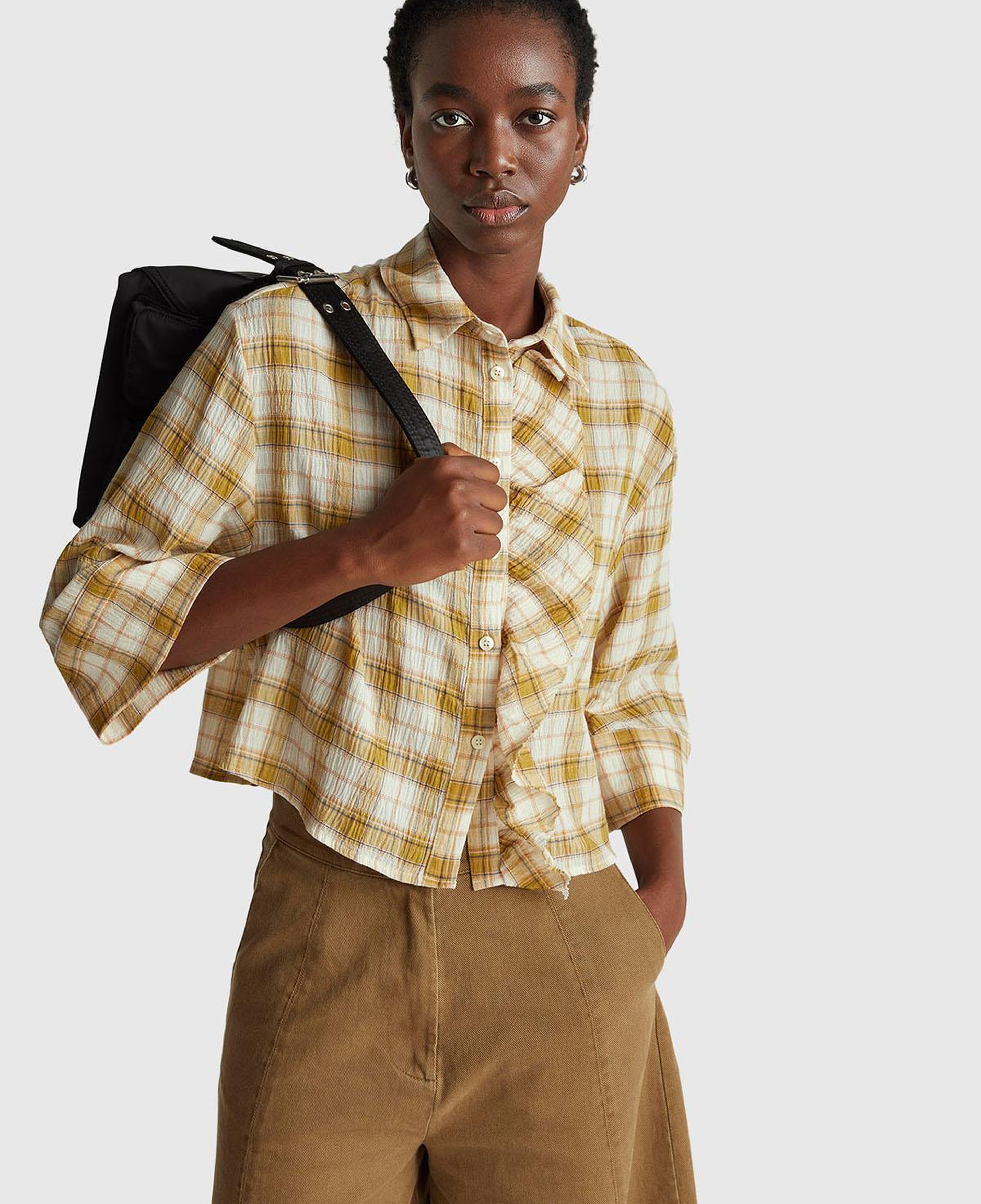 Kadın Sarı Pamuk Karışımlı Kareli Fırfır Detaylı Gömlek