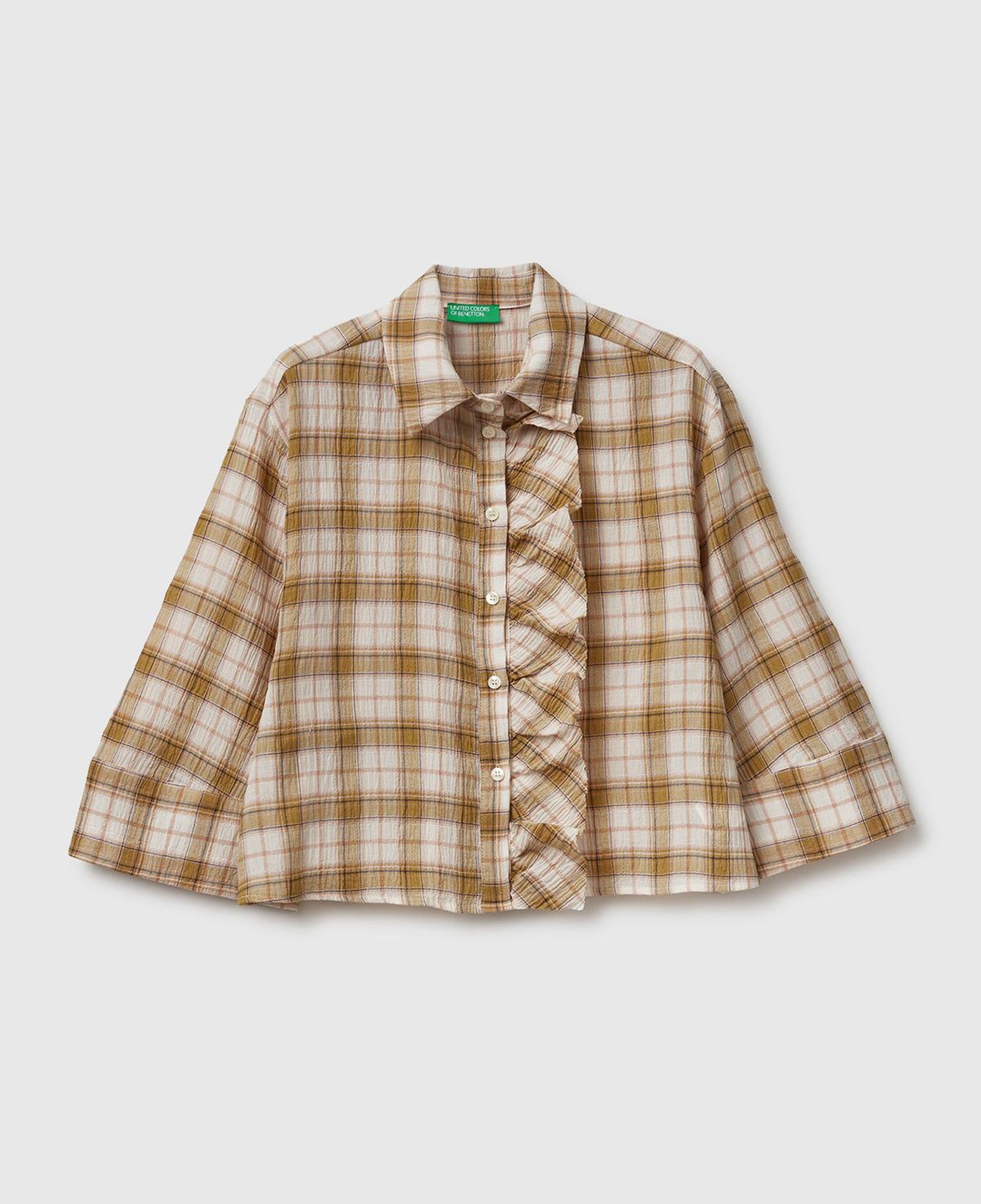 Kadın Sarı Pamuk Karışımlı Kareli Fırfır Detaylı Gömlek