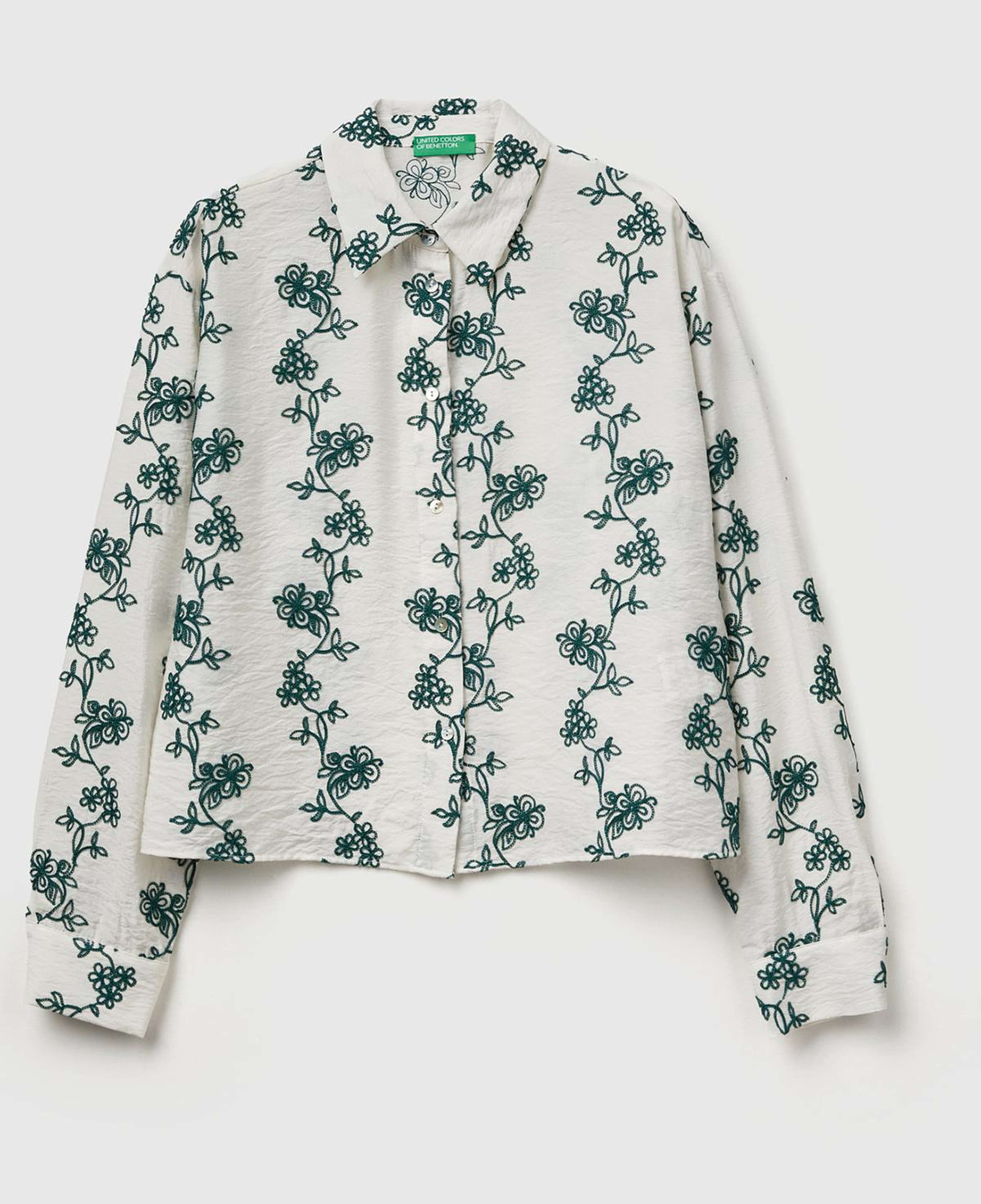 Kadın Ekru-Yeşil Viskoz Karışımlı Çiçek Desenli Boxy Fit Gömlek