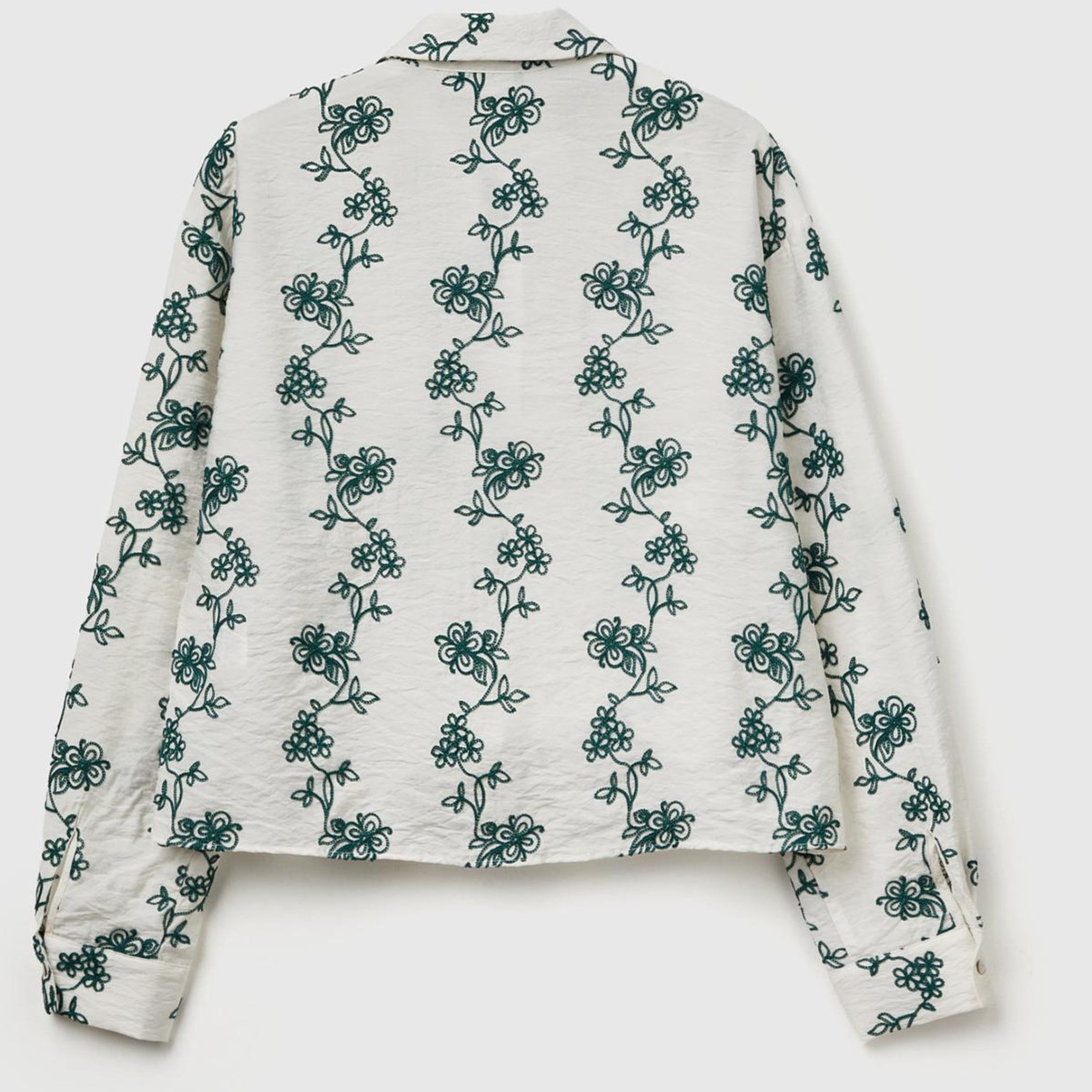 Kadın Ekru-Yeşil Viskoz Karışımlı Çiçek Desenli Boxy Fit Gömlek