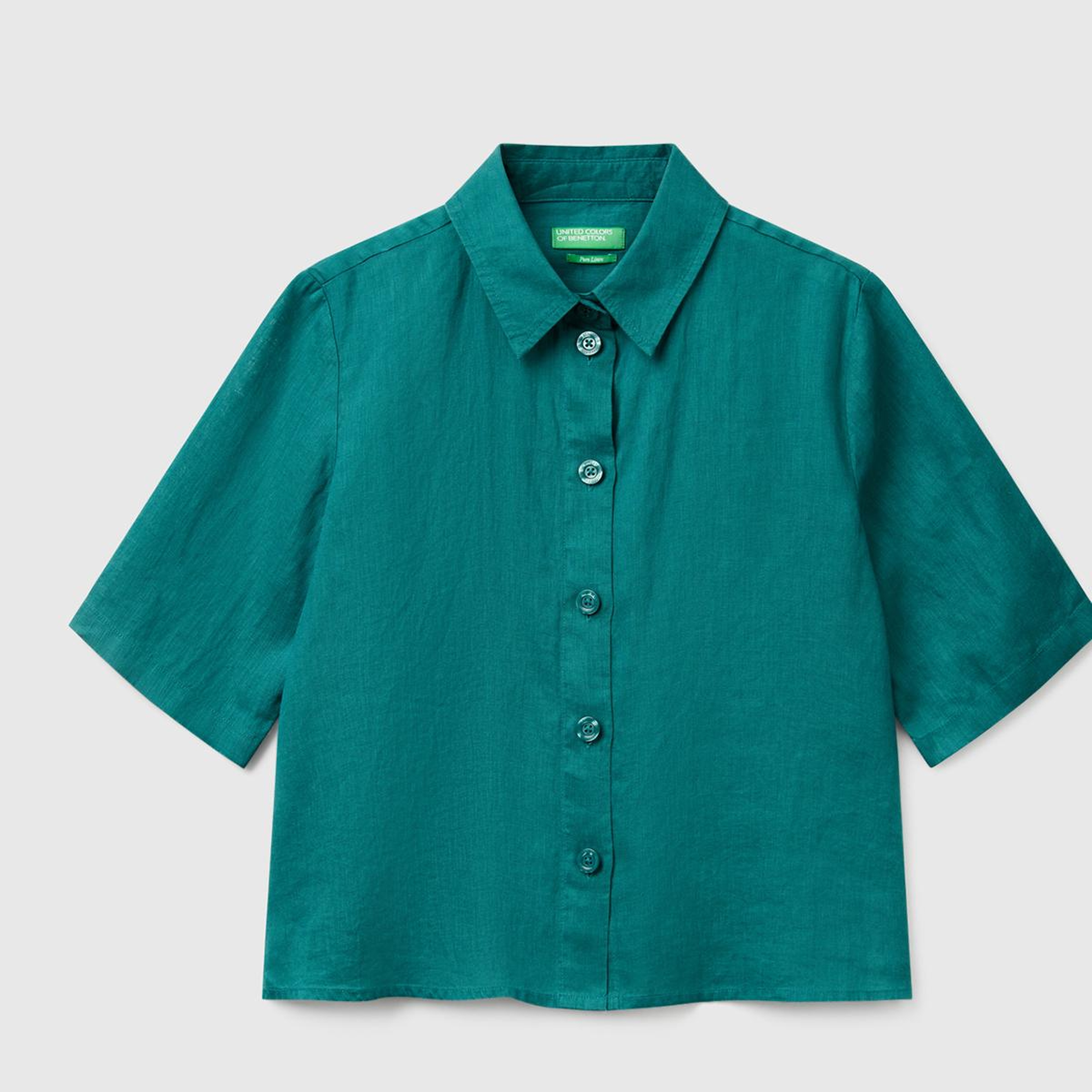 Kadın Koyu Yeşil %100 Keten Yarım Kollu Düz Gömlek