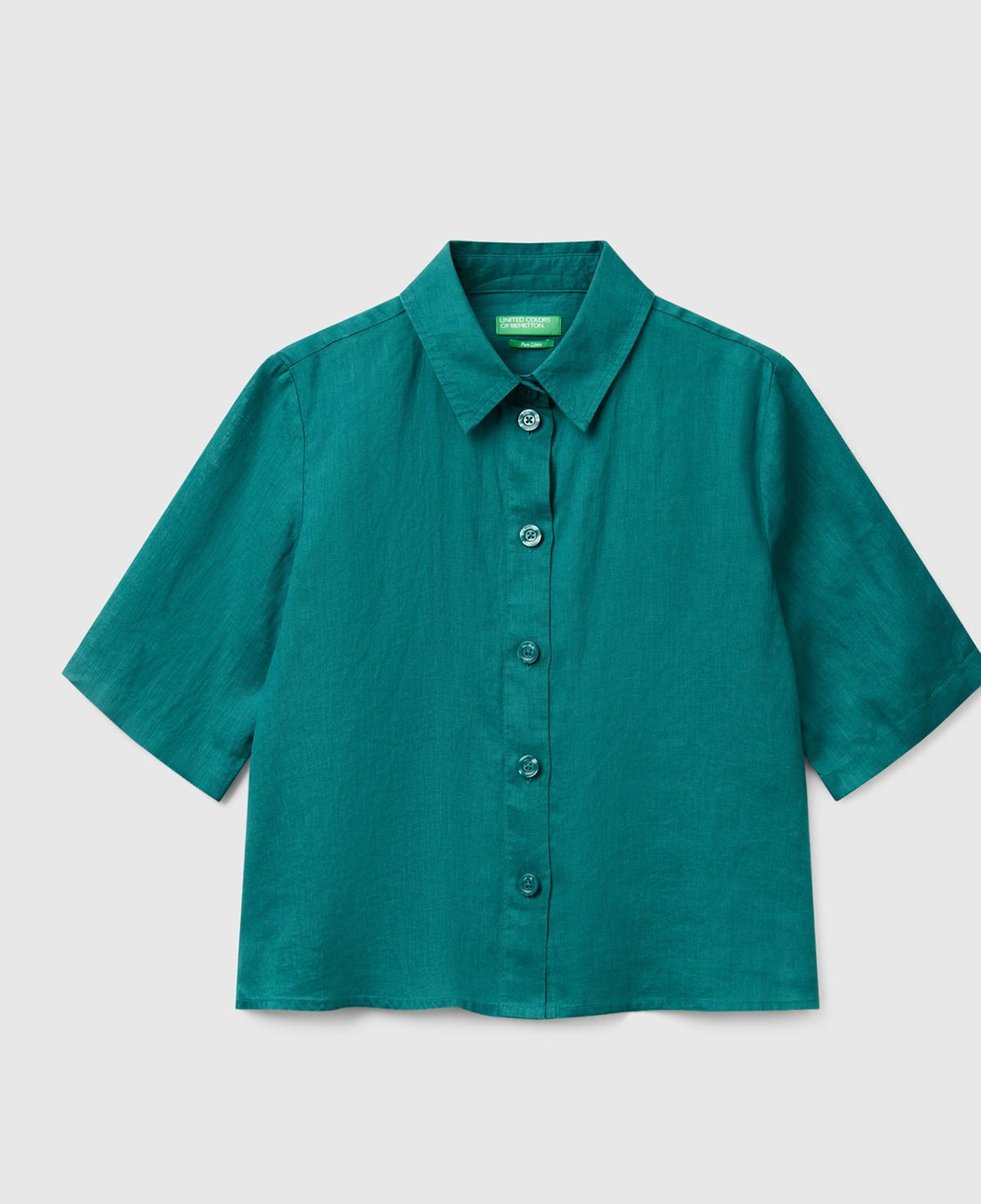 Kadın Koyu Yeşil %100 Keten Yarım Kollu Düz Gömlek