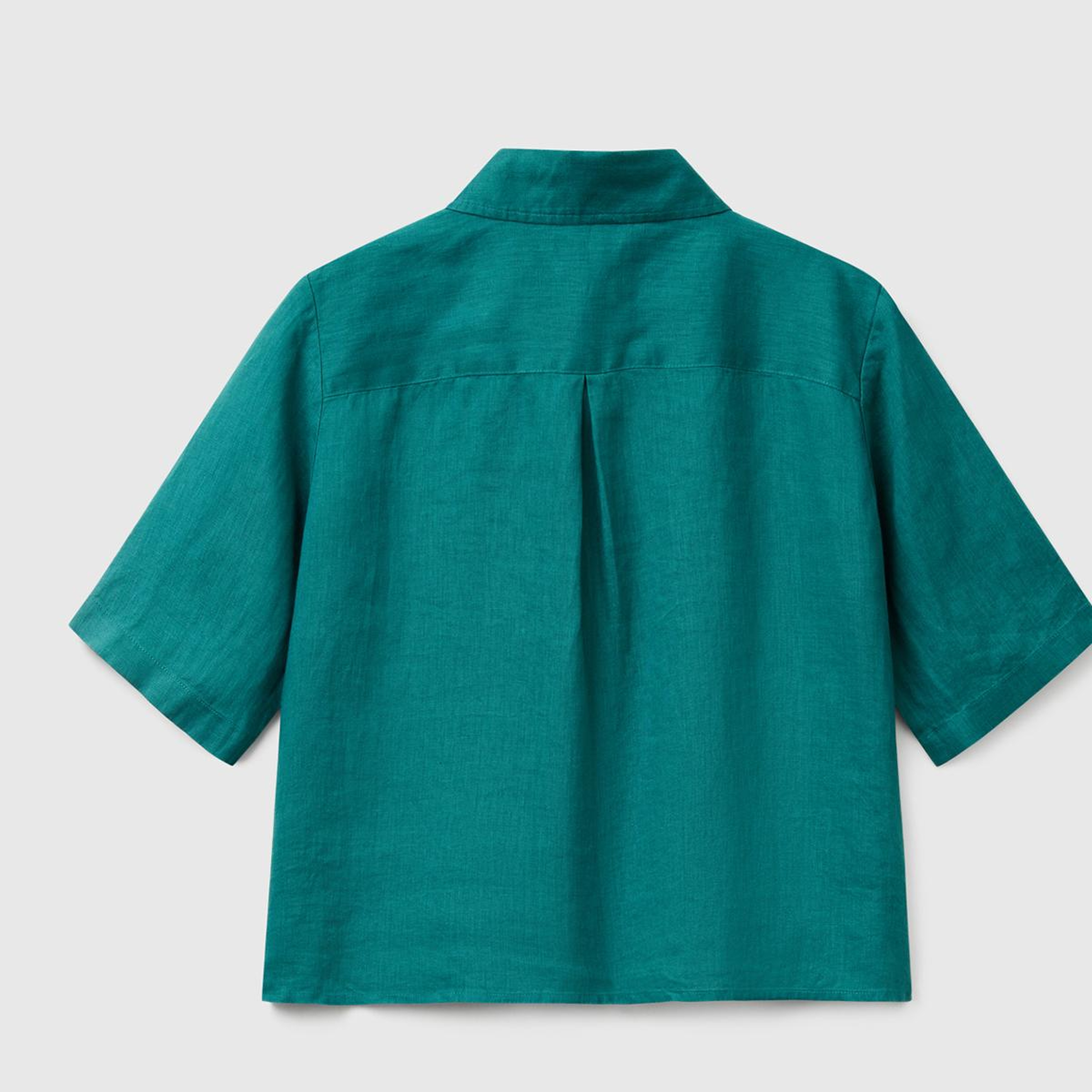 Kadın Koyu Yeşil %100 Keten Yarım Kollu Düz Gömlek