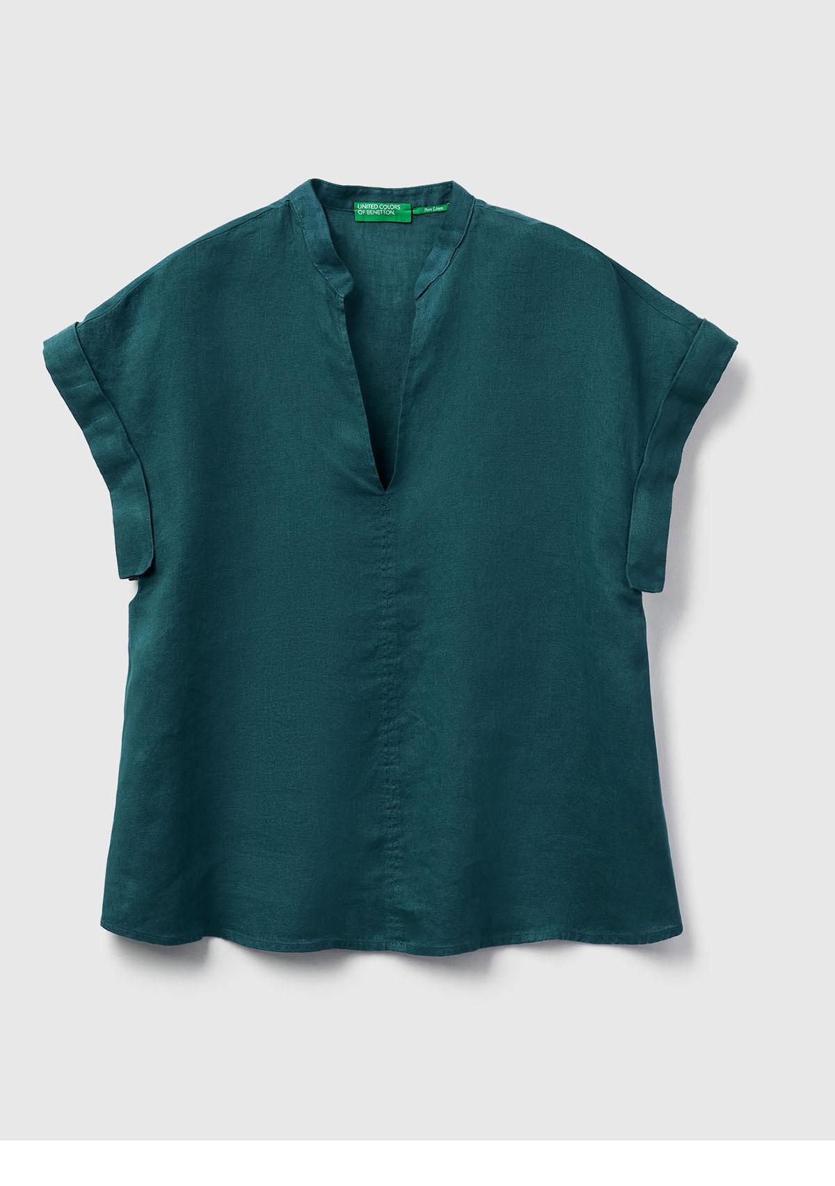 Kadın Koyu Yeşil %100 Keten V Yaka Kimono Kol Bluz