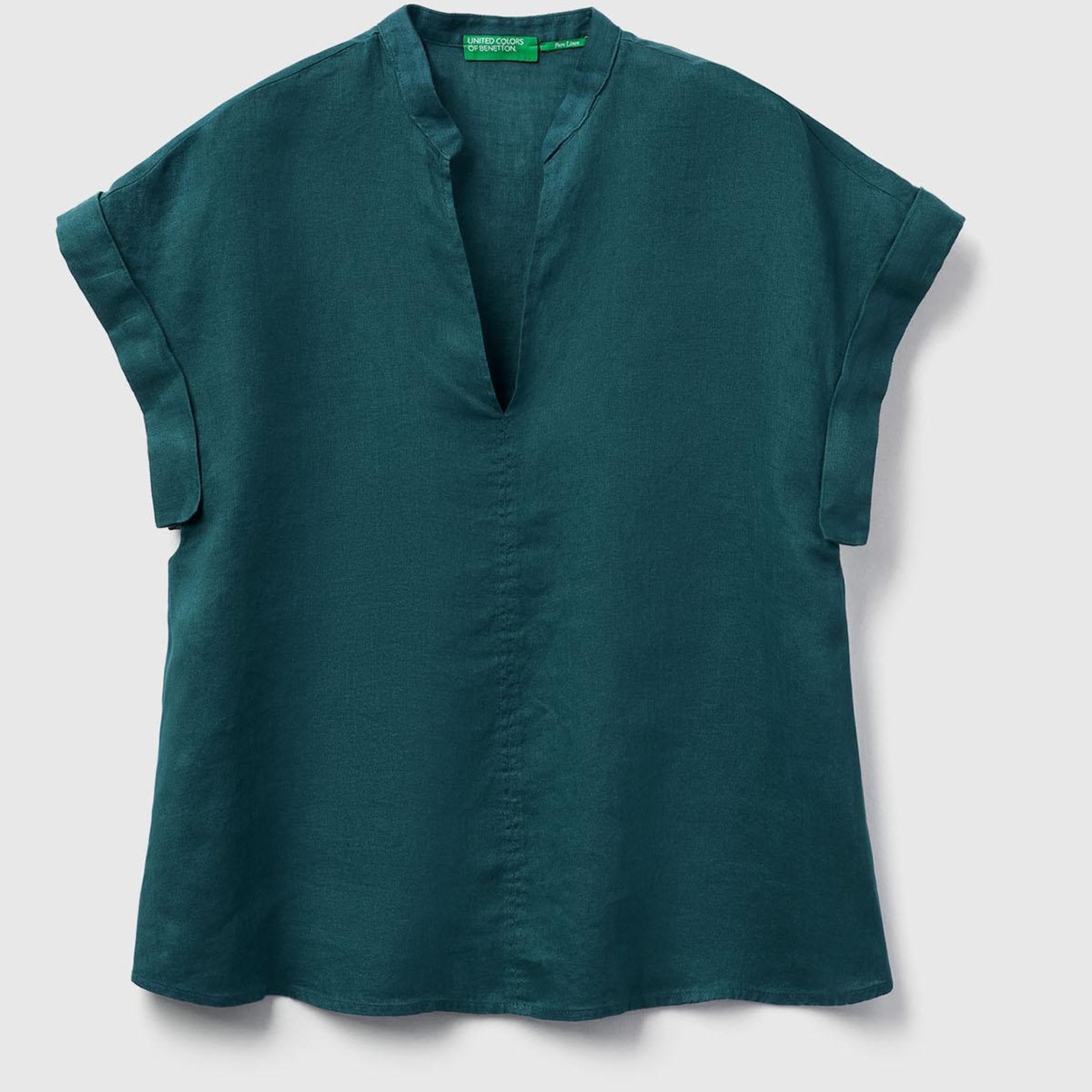 Kadın Koyu Yeşil %100 Keten V Yaka Kimono Kol Bluz