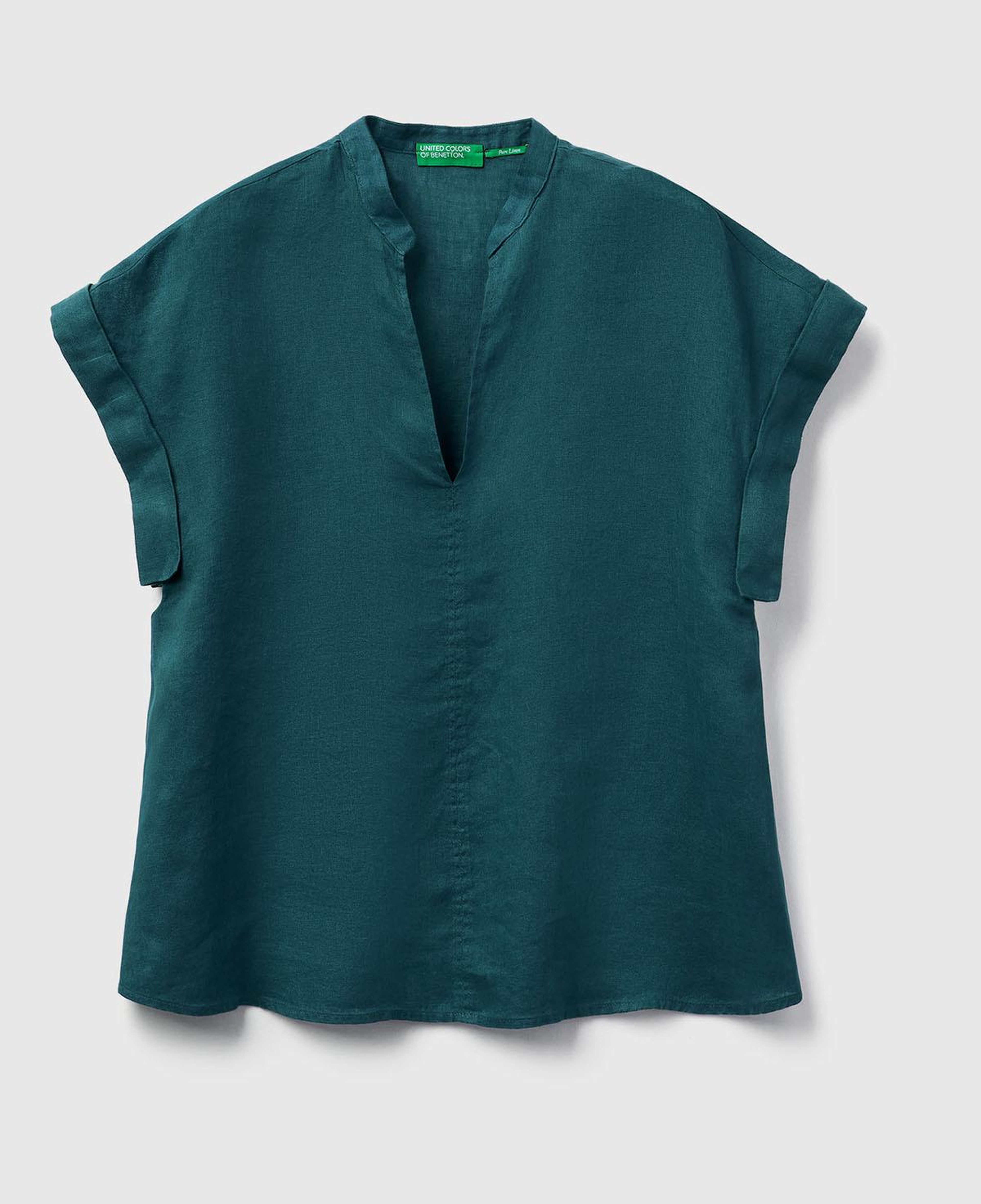 Kadın Koyu Yeşil %100 Keten V Yaka Kimono Kol Bluz